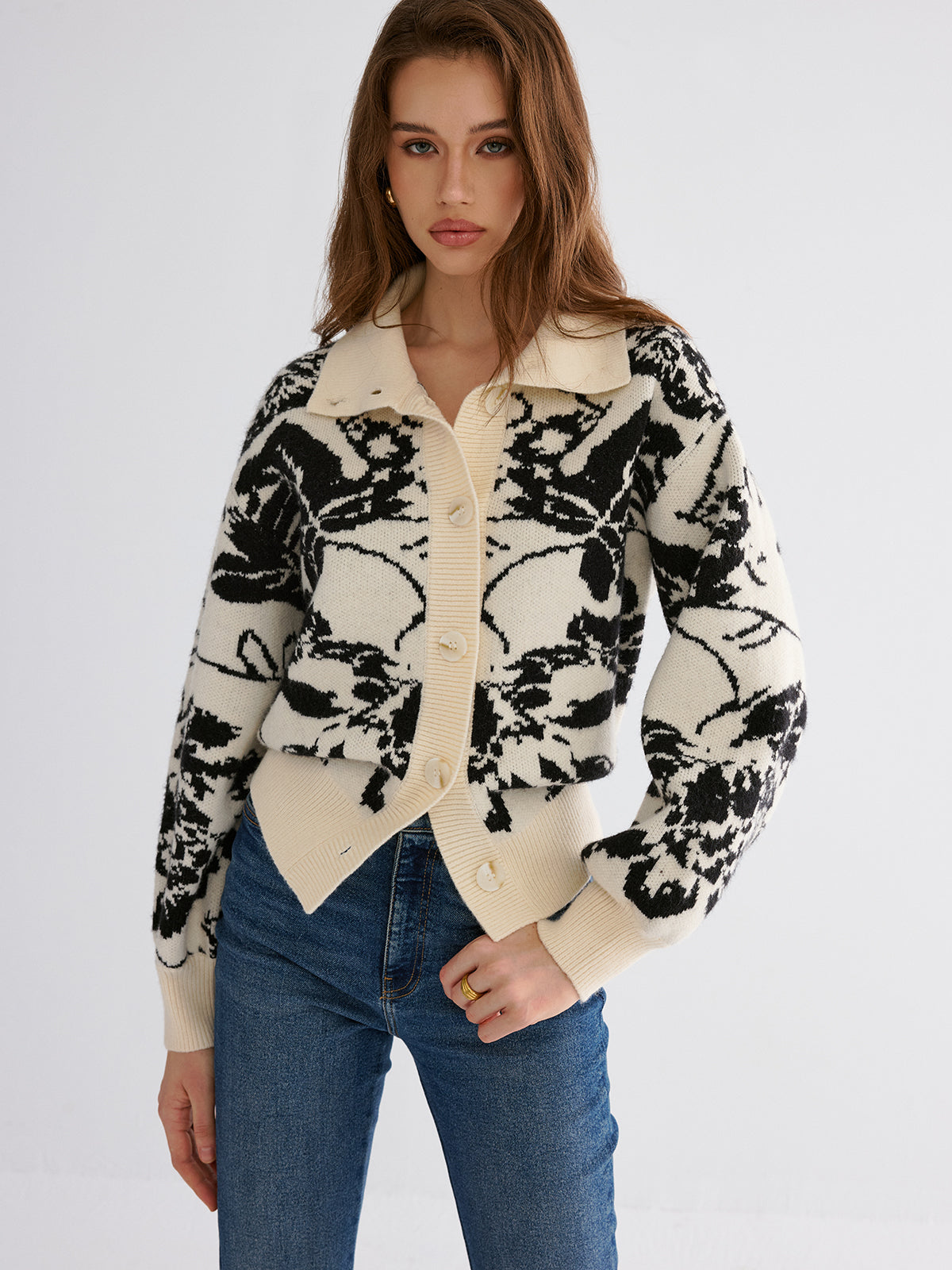 Floral Jacquard Button Cardigan-Chicvia