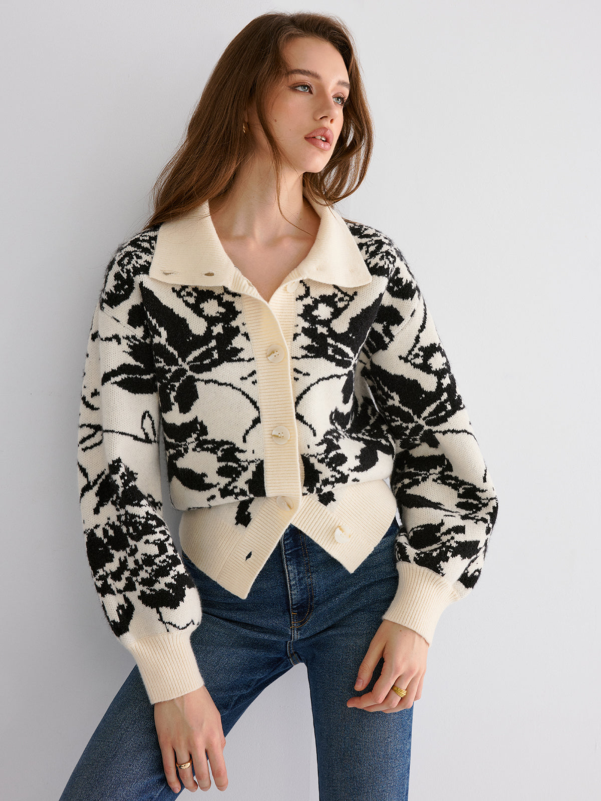 Floral Jacquard Button Cardigan-Chicvia