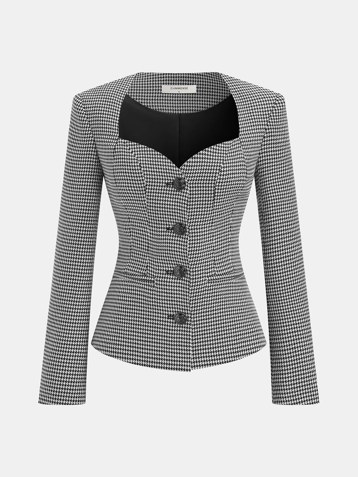 Houndstooth Sweetheart Neckline Button Blazer-Chicvia