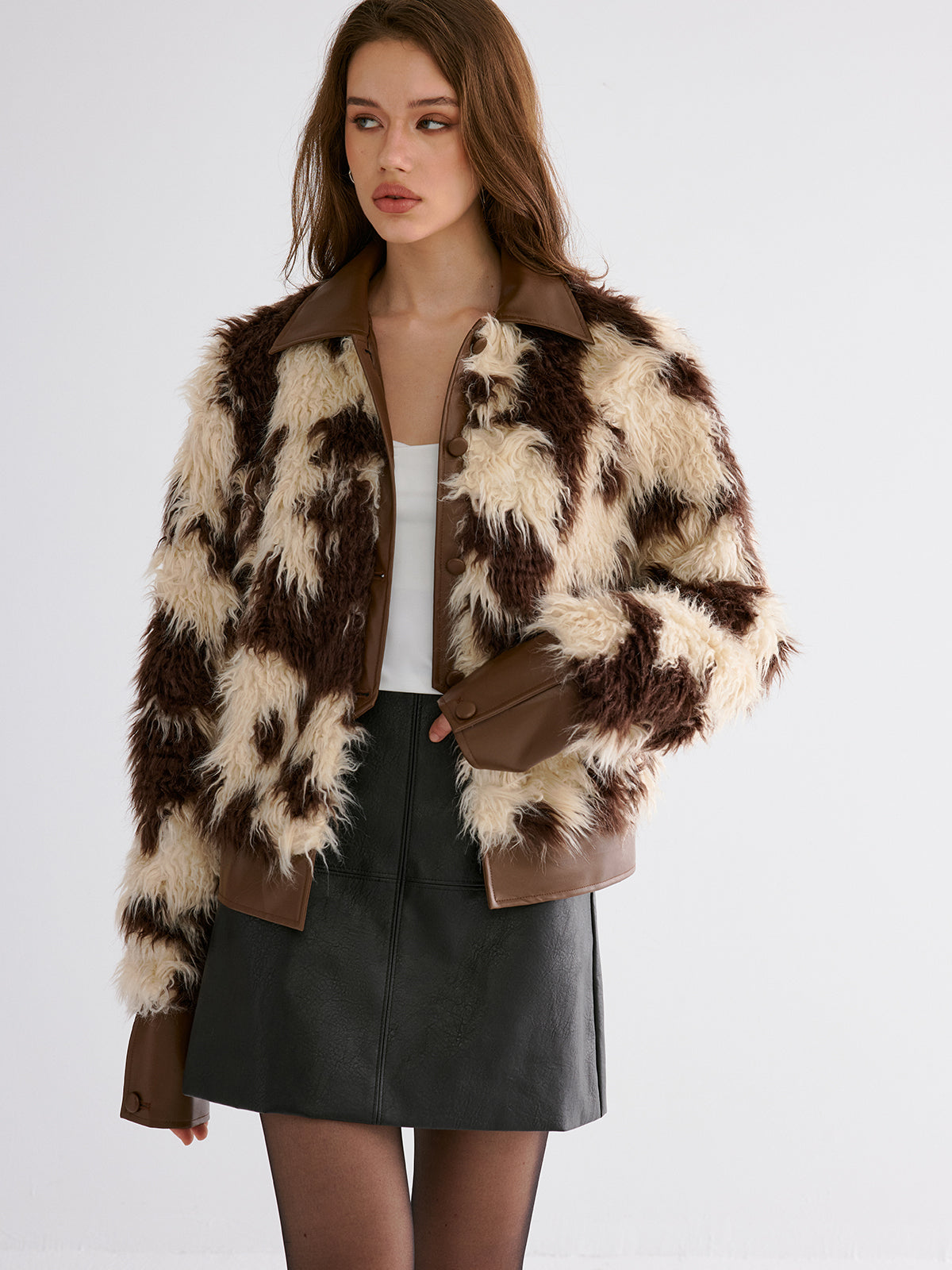 Faux Leather Panel Faux Fur Coat-Chicvia