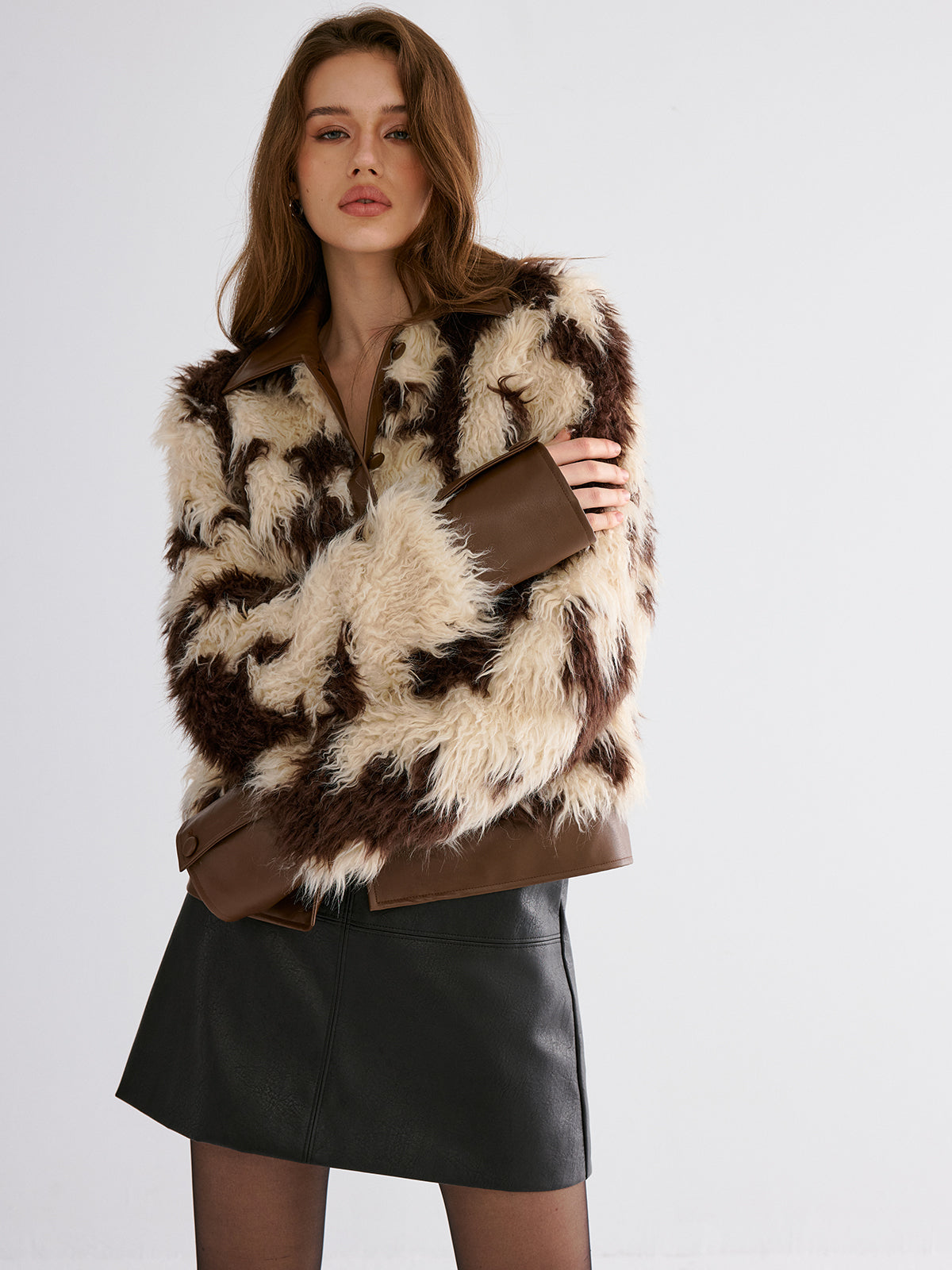 Faux Leather Panel Faux Fur Coat-Chicvia