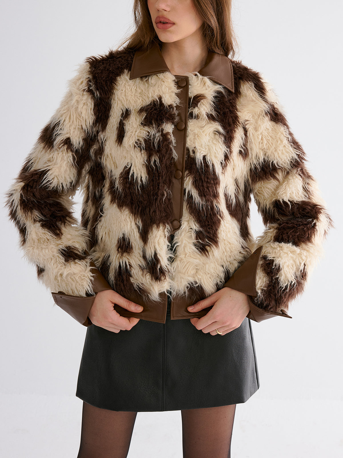 Faux Leather Panel Faux Fur Coat-Chicvia