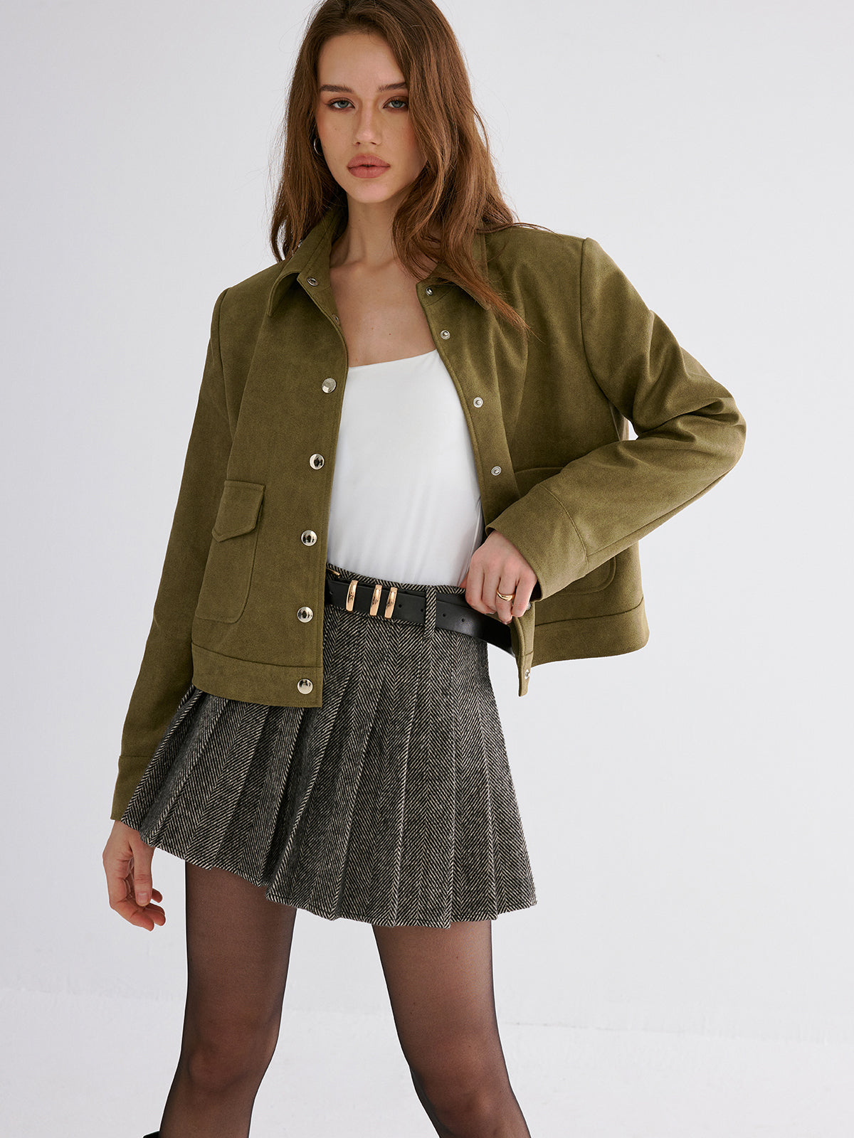 Pleated Tweed Skirt-Chicvia