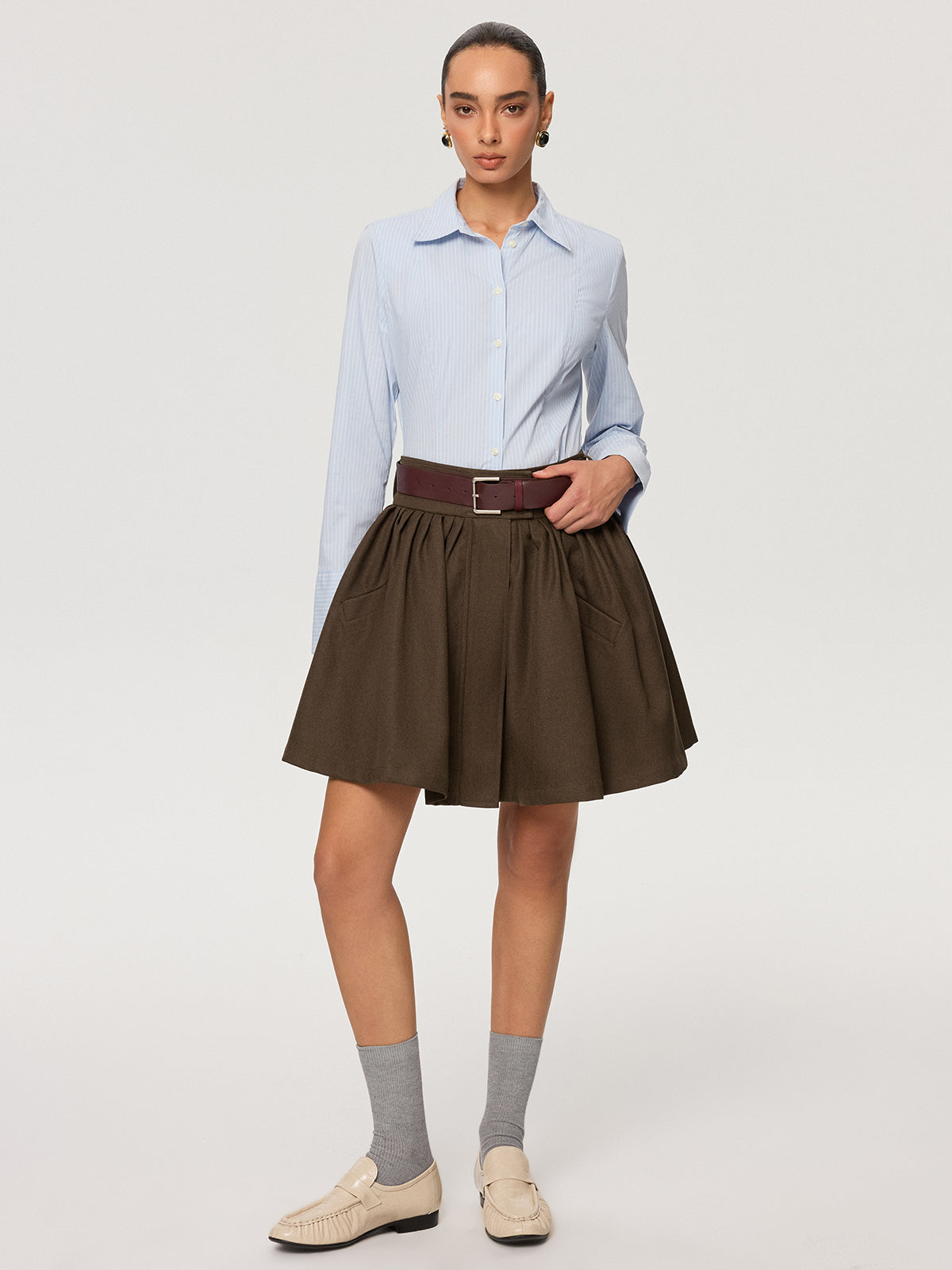 Belted Pocket Pleated Mini Skirt-Chicvia