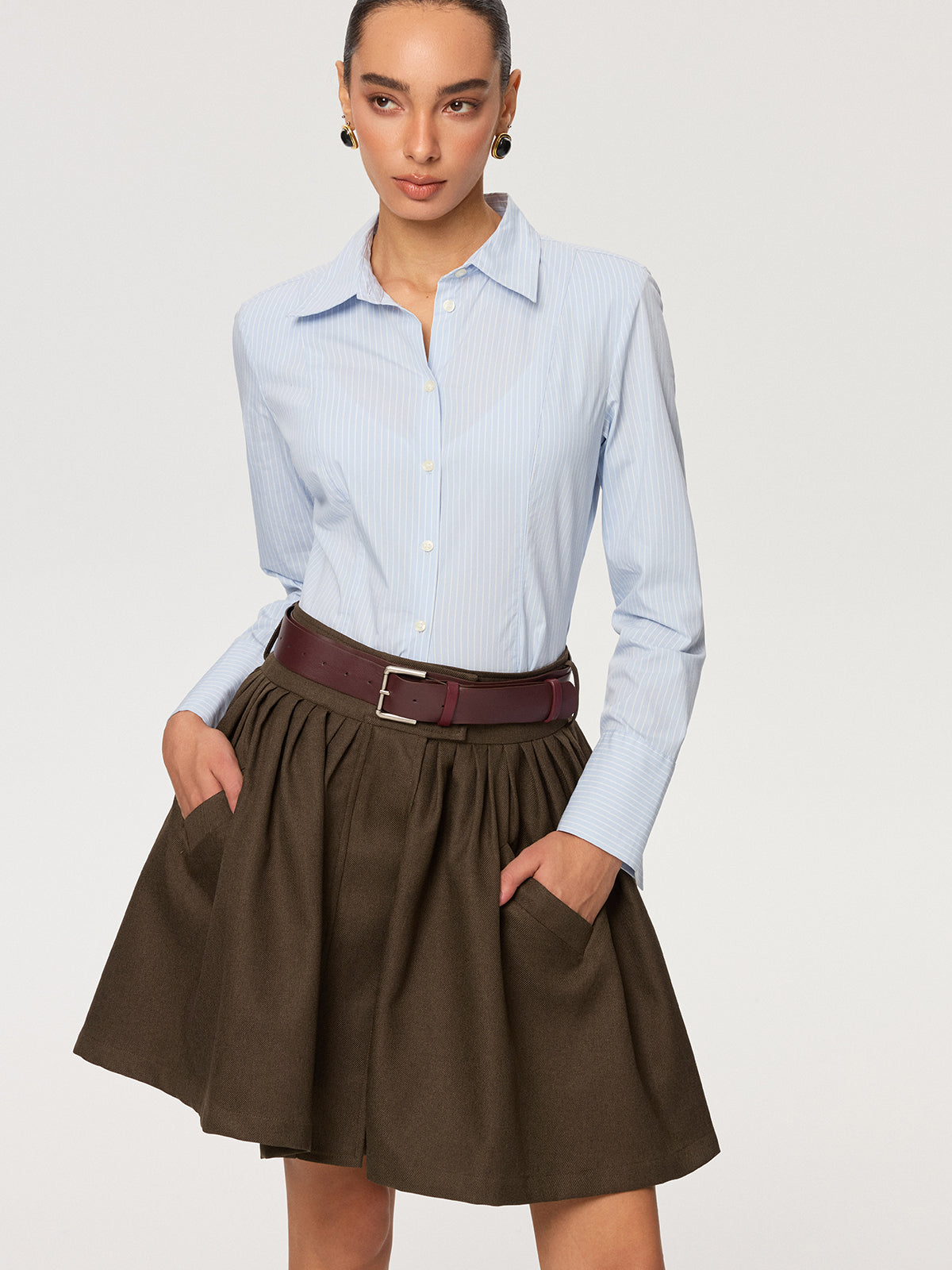 Belted Pocket Pleated Mini Skirt-Chicvia