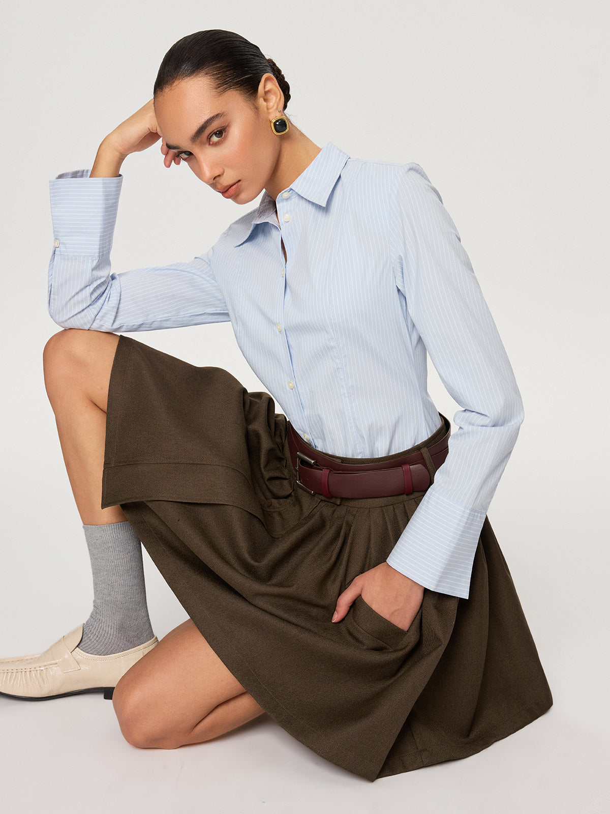 Belted Pocket Pleated Mini Skirt-Chicvia