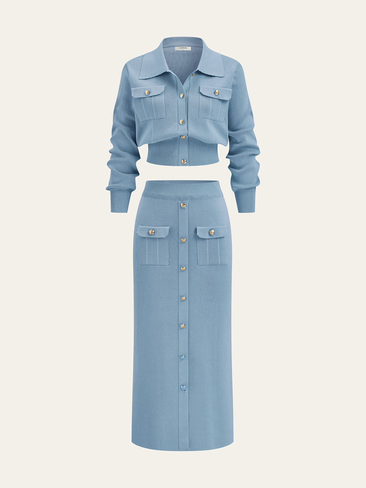 Metal Button Collared Cardigan and Midi Skirt Set-Chicvia