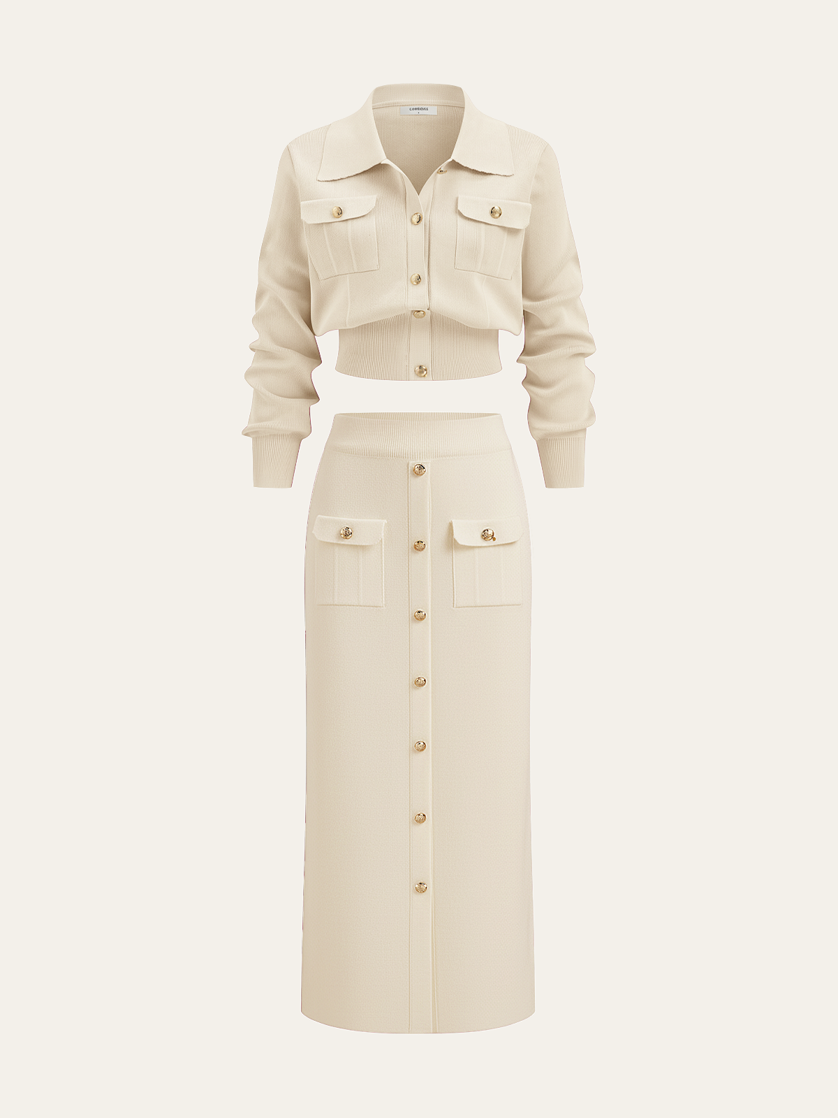 Metal Button Collared Cardigan and Midi Skirt Set-Chicvia