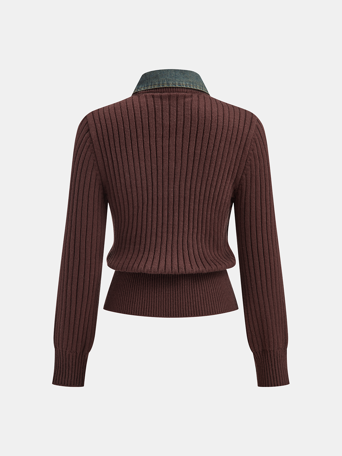 Denim Collar Ribbed Sweater-Chicvia