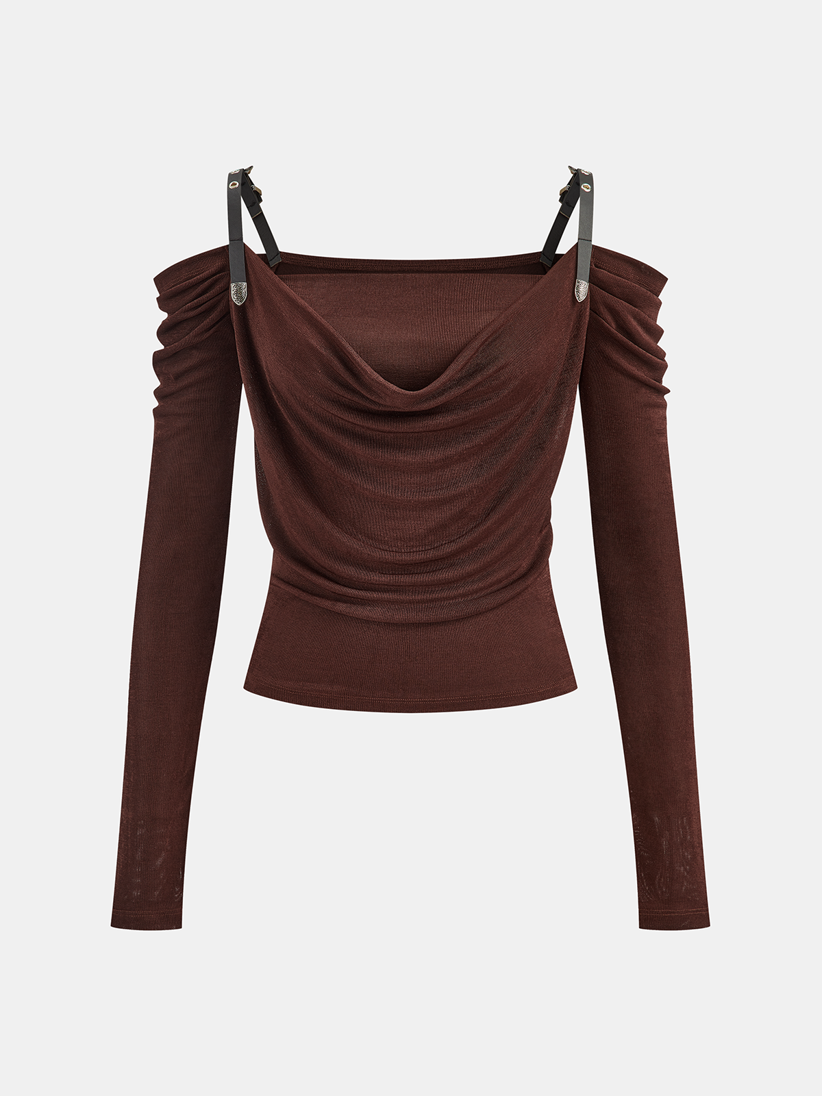 Faux Leather Strap Cowl Neck Top-Chicvia