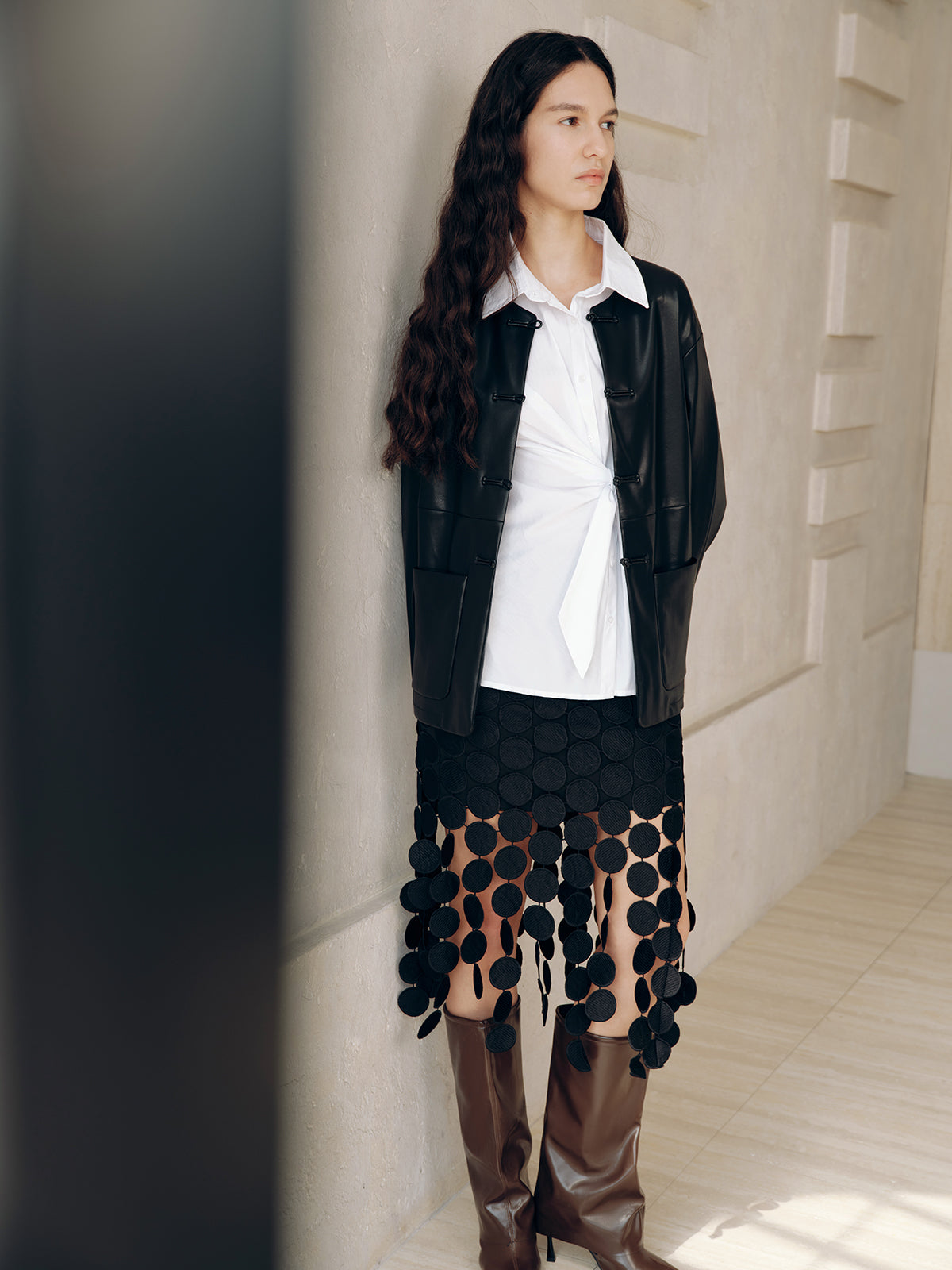 Knot Button Faux Leather Jacket-Chicvia