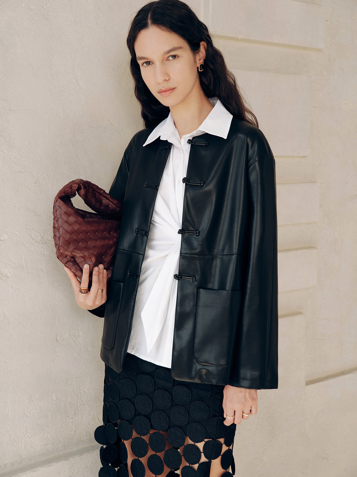 Knot Button Faux Leather Jacket-Chicvia