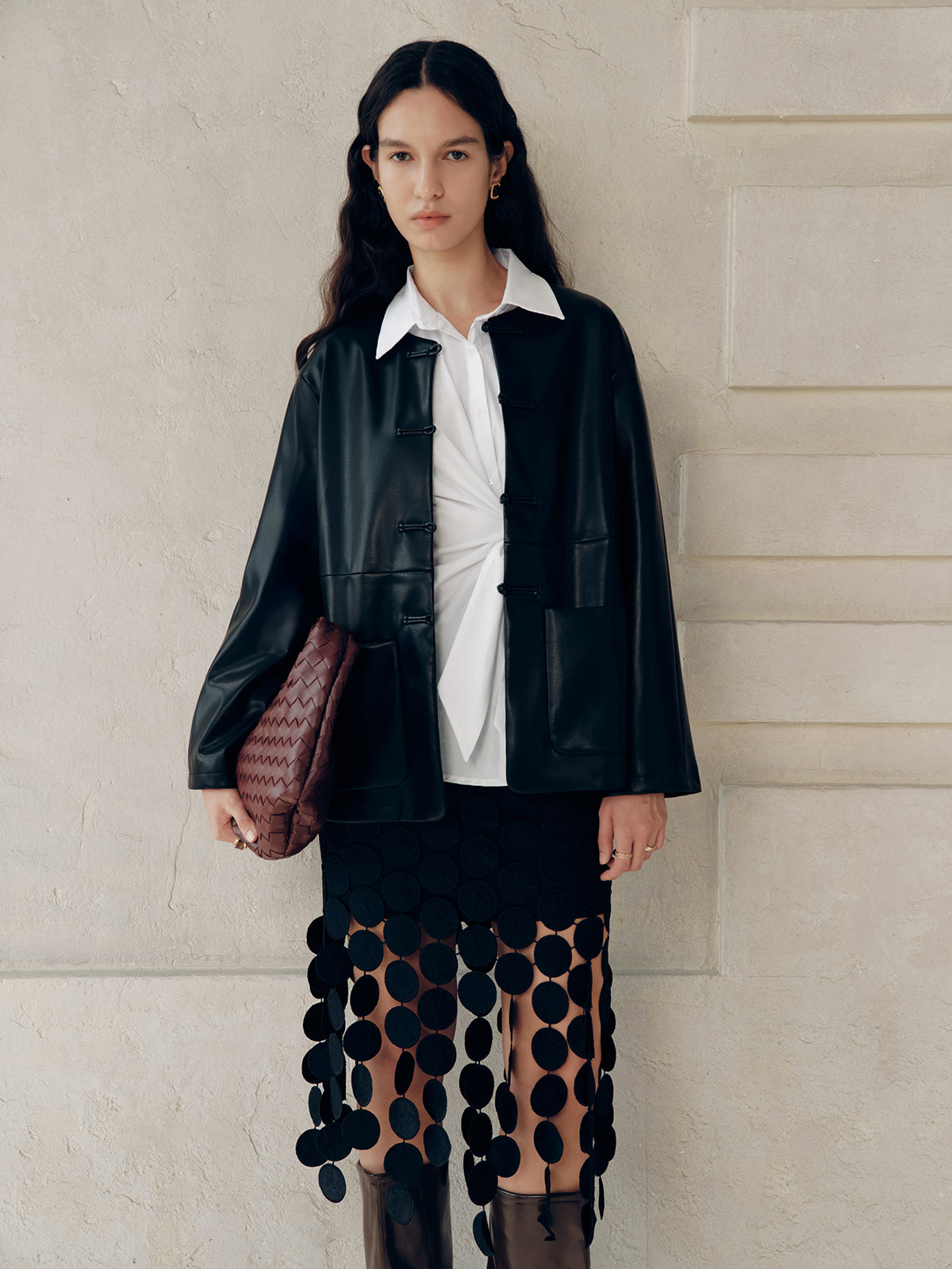 Knot Button Faux Leather Jacket-Chicvia