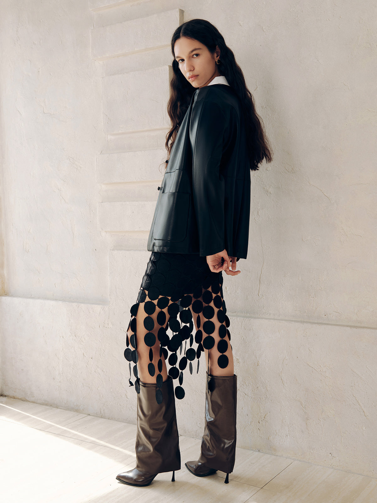 Knot Button Faux Leather Jacket-Chicvia