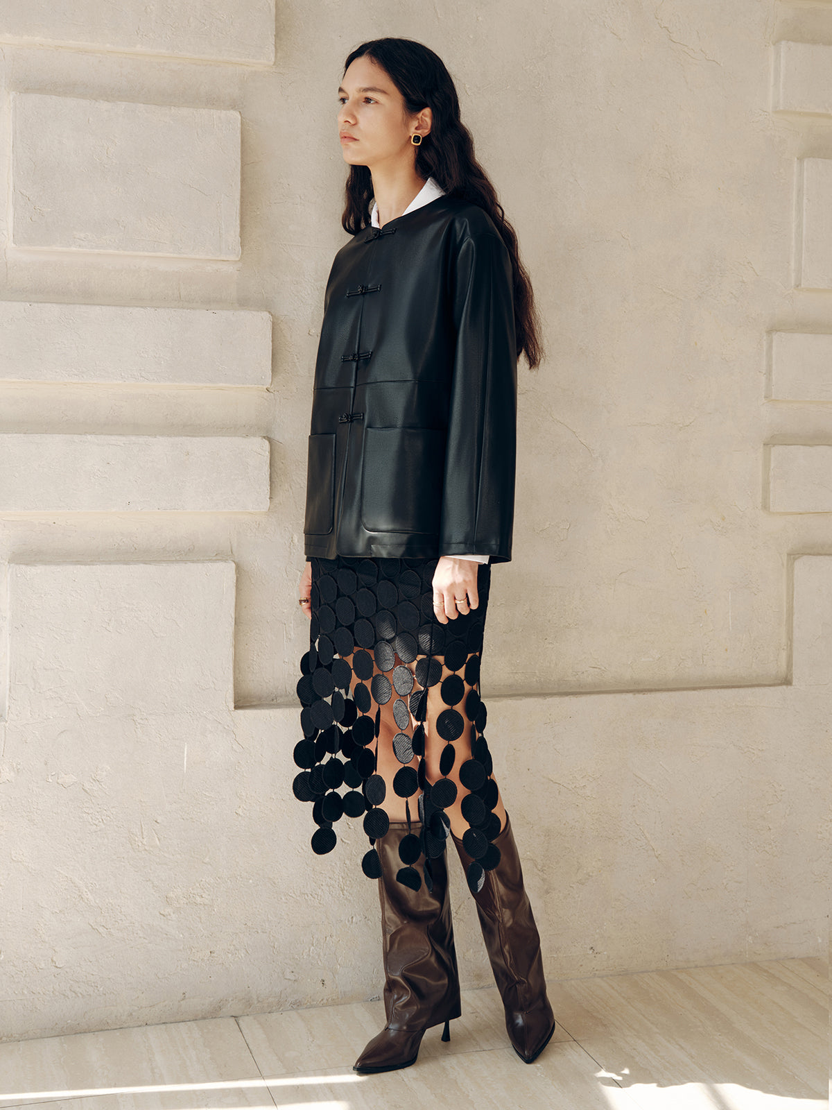 Knot Button Faux Leather Jacket-Chicvia