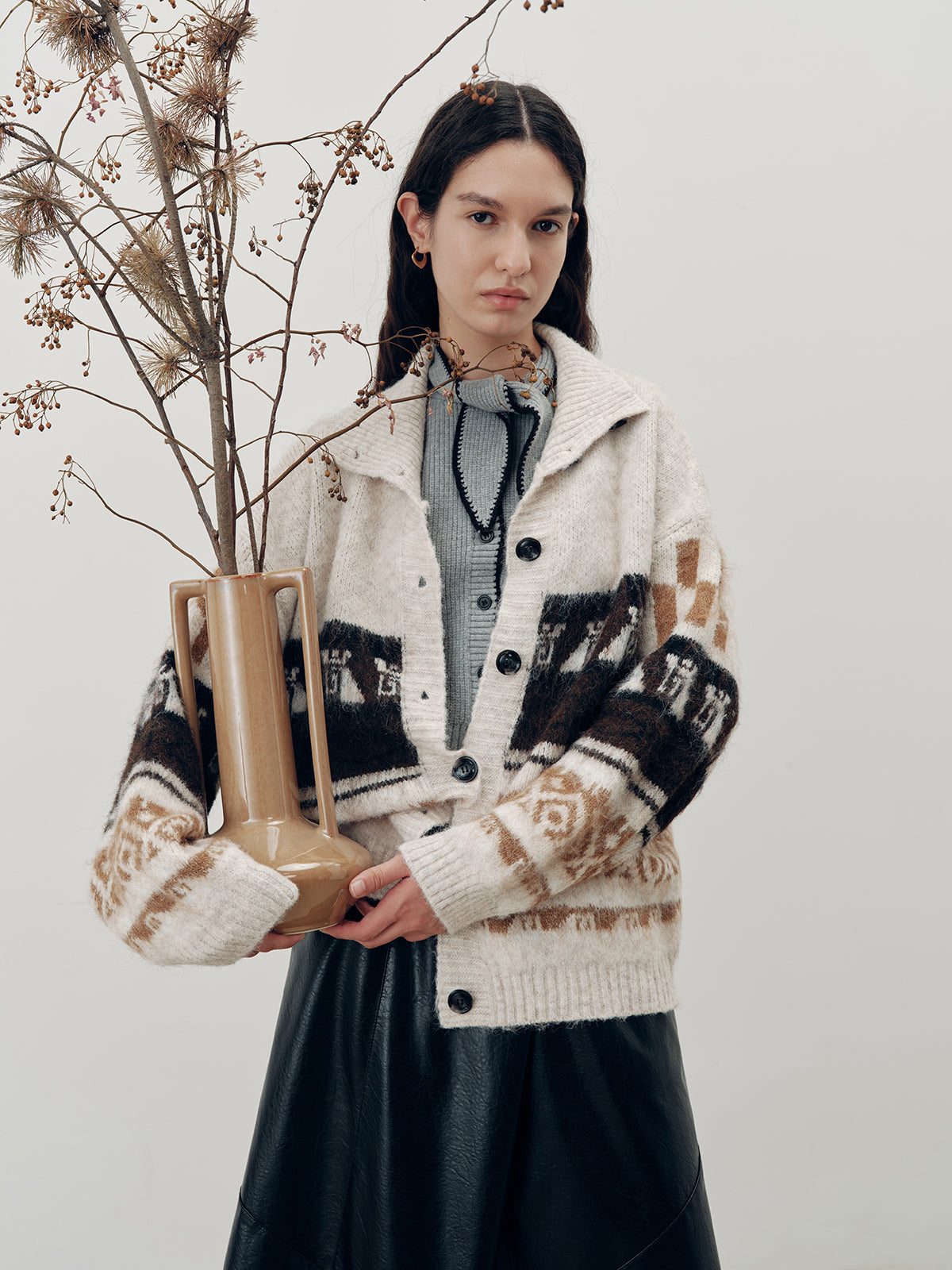 Jacquard Casual Knit Outerwear-Chicvia