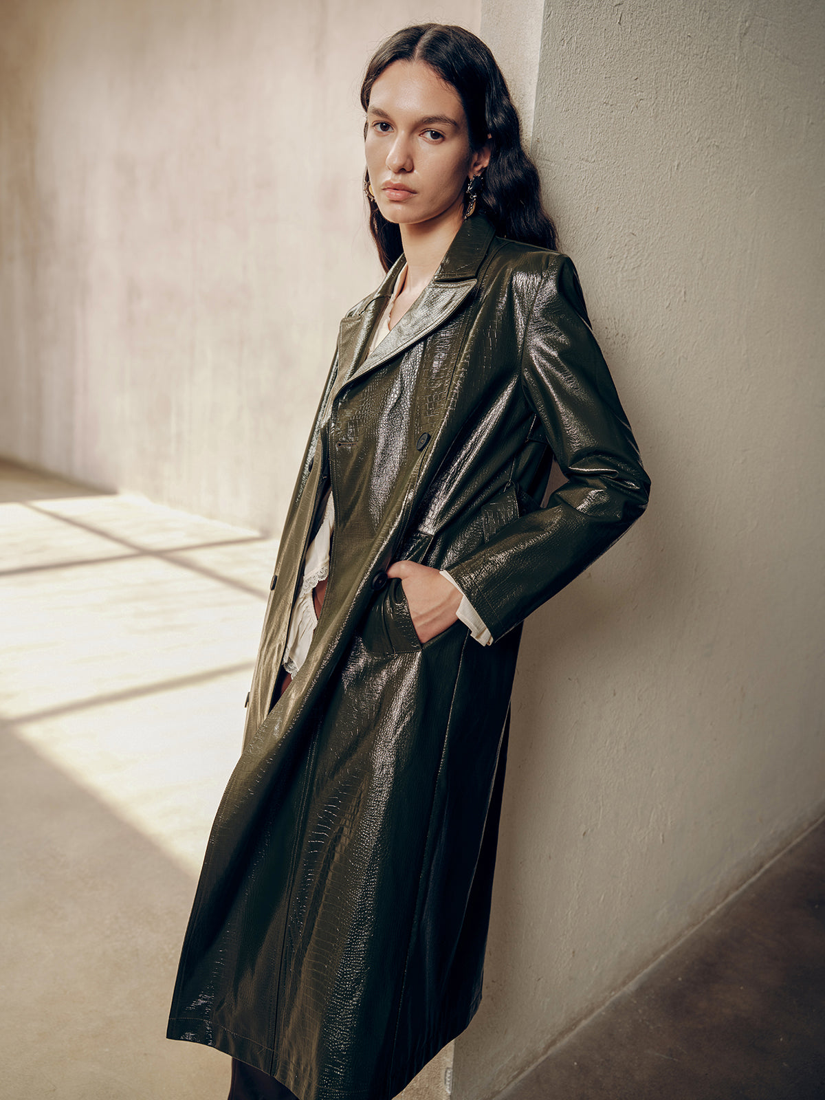 Gradient Double-Breasted Belted PU Leather Coat-Chicvia