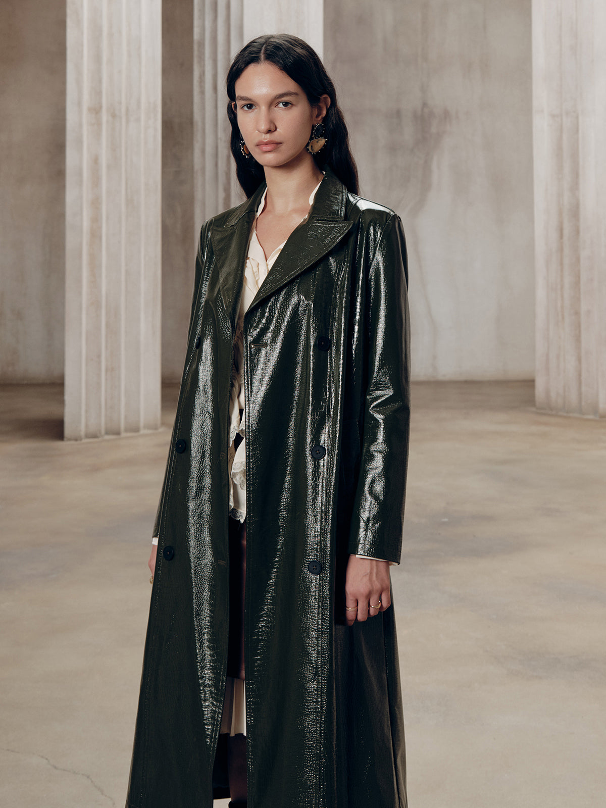 Gradient Double-Breasted Belted PU Leather Coat-Chicvia