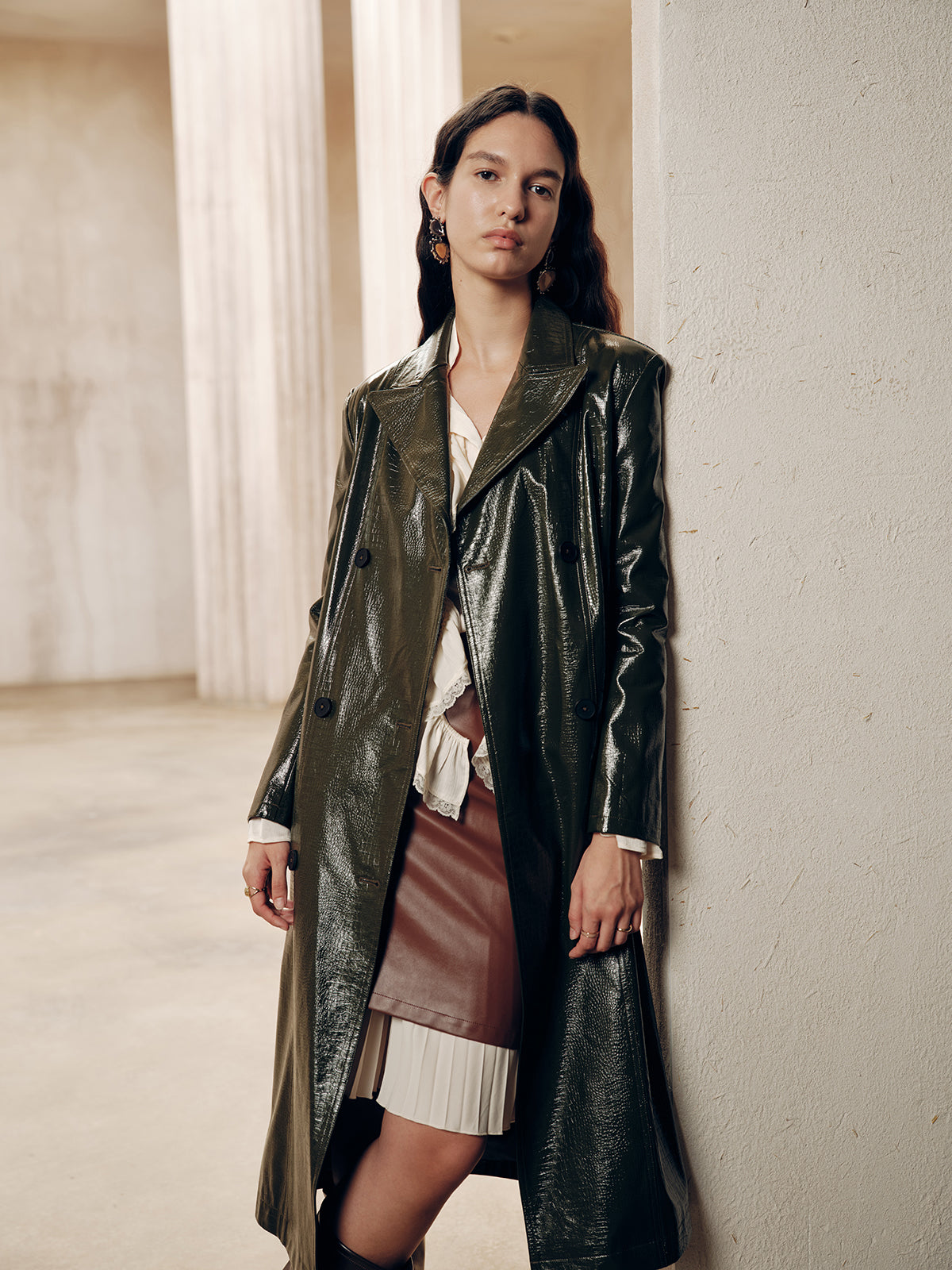 Gradient Double-Breasted Belted PU Leather Coat-Chicvia