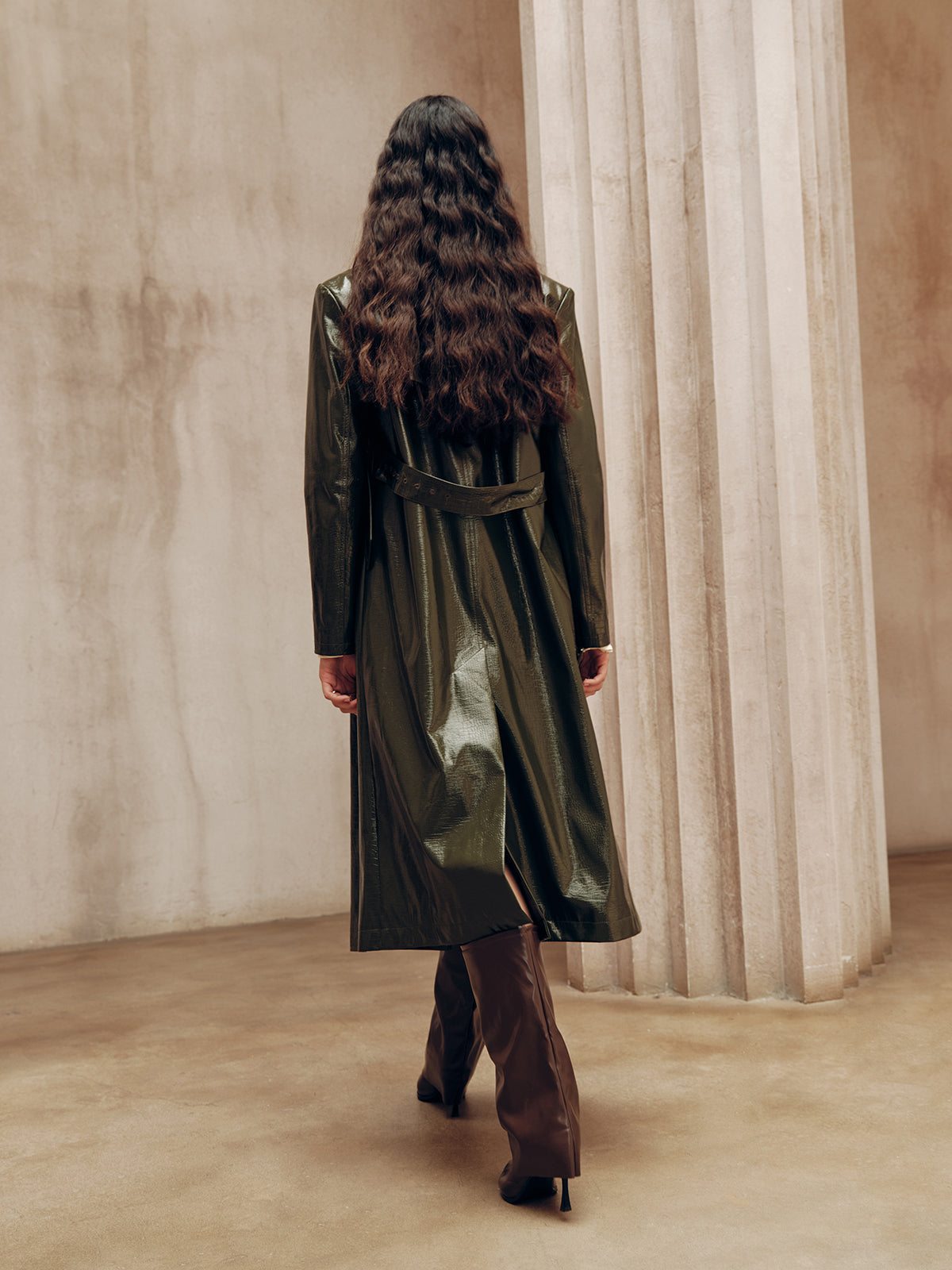 Gradient Double-Breasted Belted PU Leather Coat-Chicvia