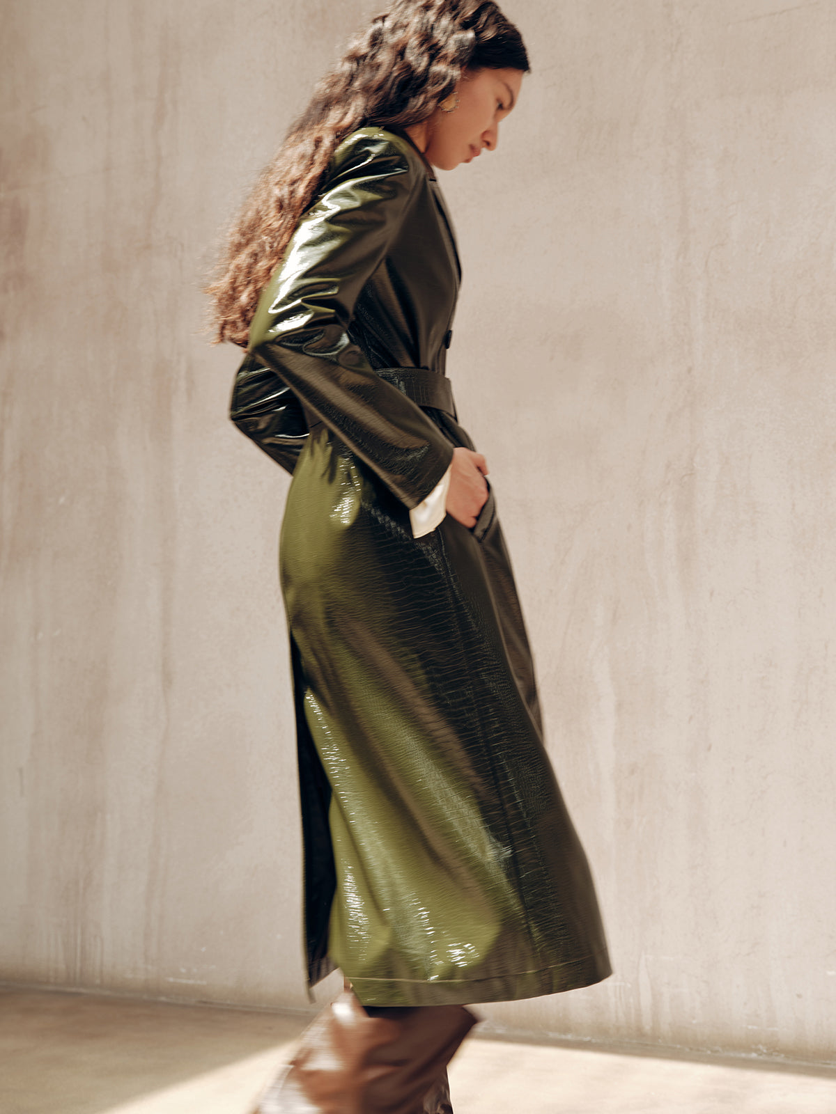 Gradient Double-Breasted Belted PU Leather Coat-Chicvia