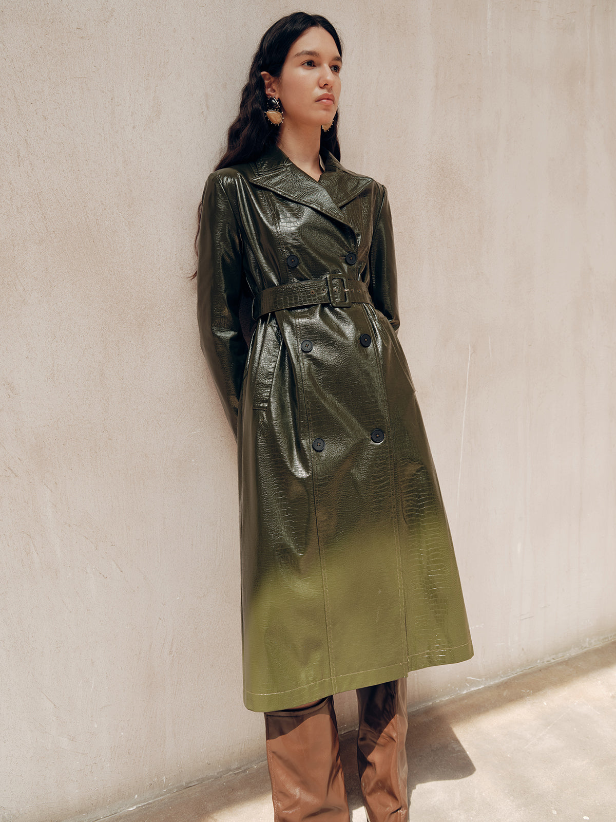 Gradient Double-Breasted Belted PU Leather Coat-Chicvia