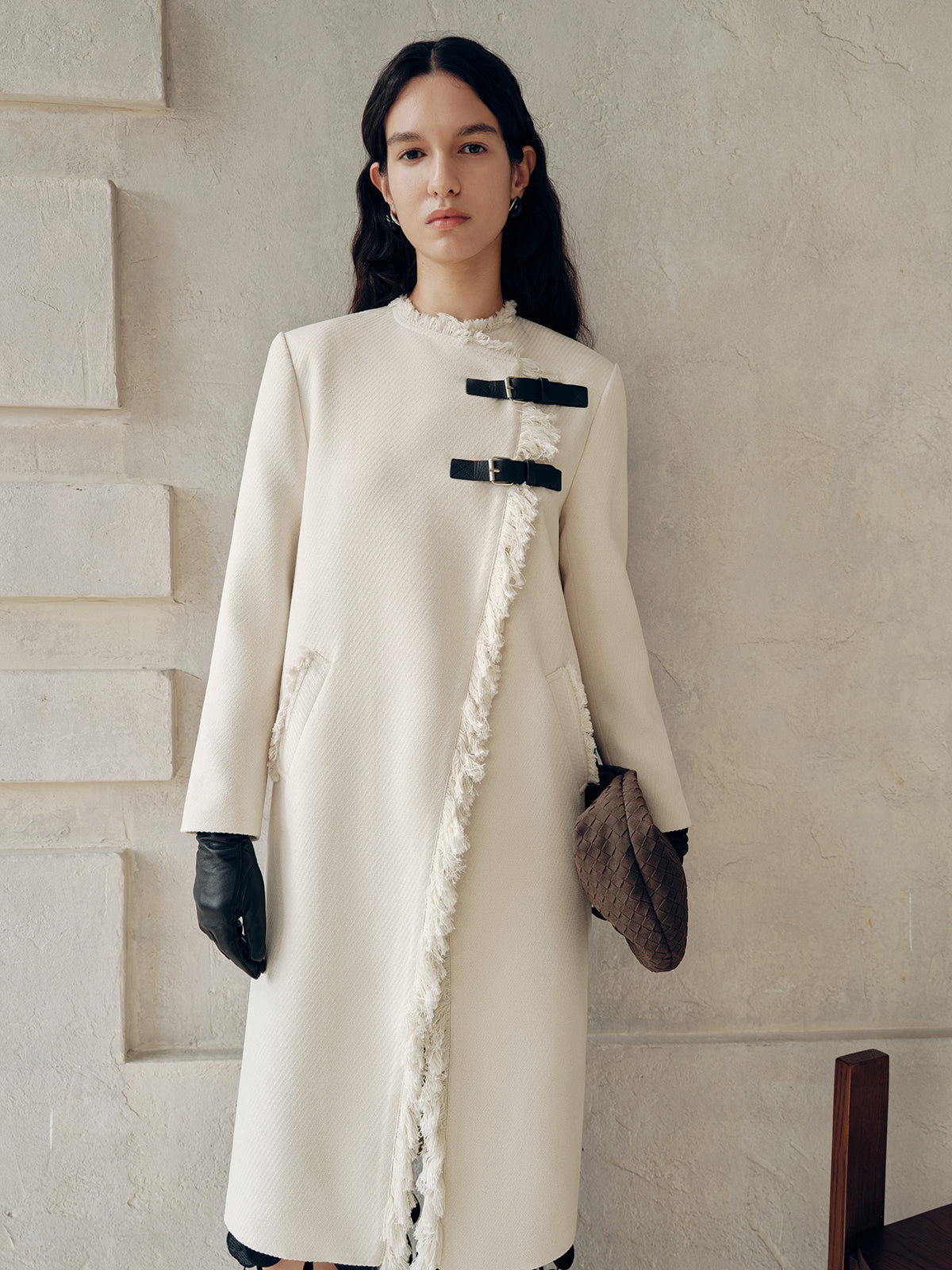 Fringe Trim Buckle Detail Long Coat-Chicvia