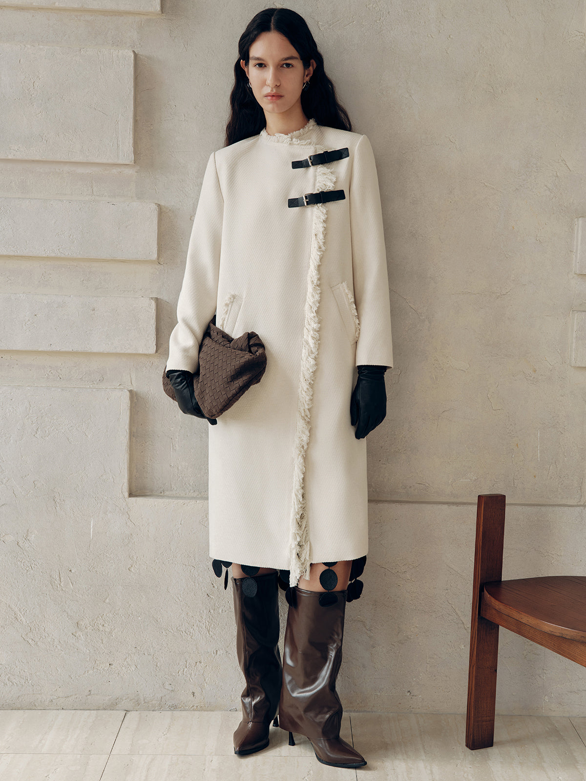 Fringe Trim Buckle Detail Long Coat-Chicvia