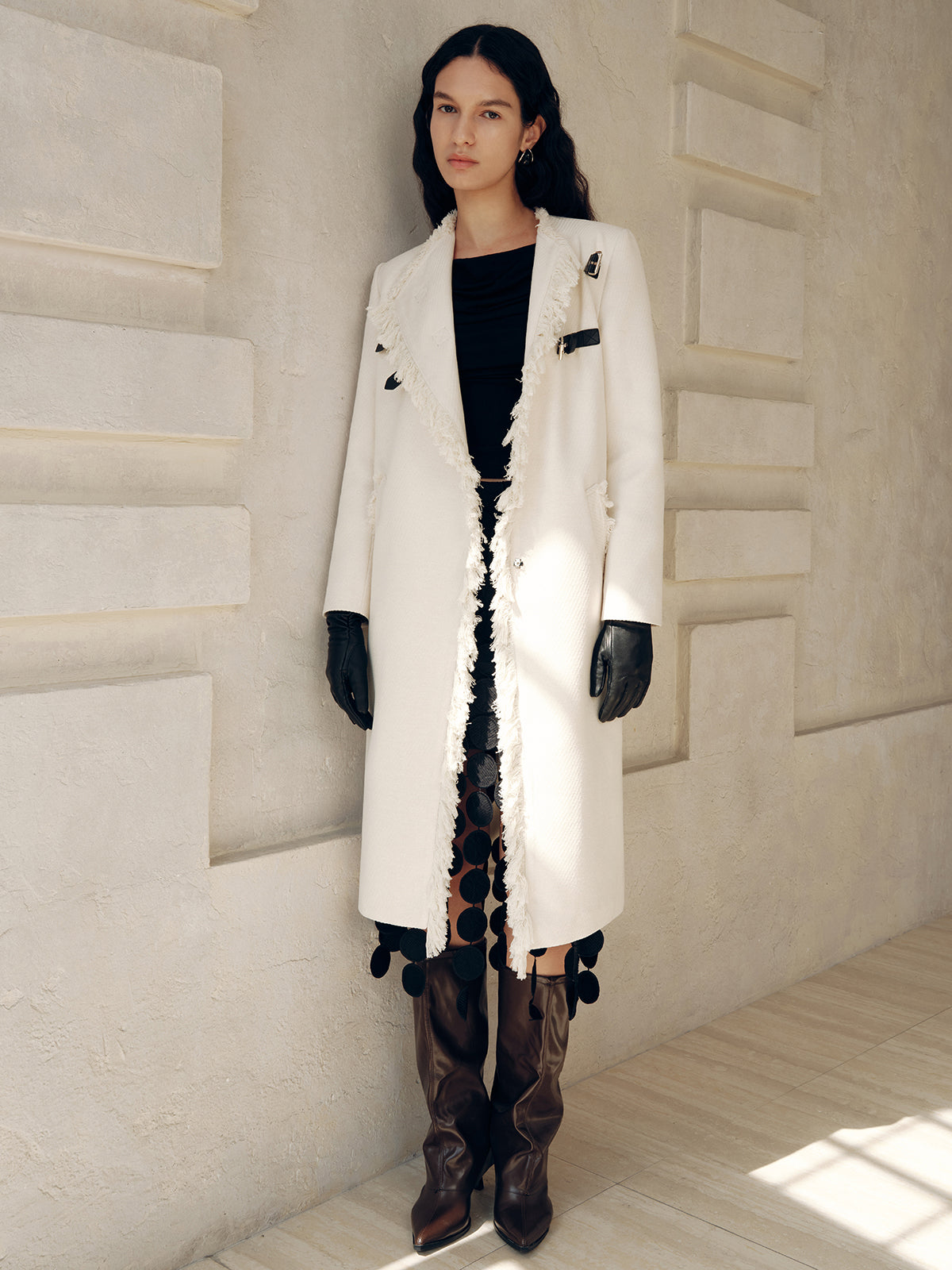 Fringe Trim Buckle Detail Long Coat-Chicvia