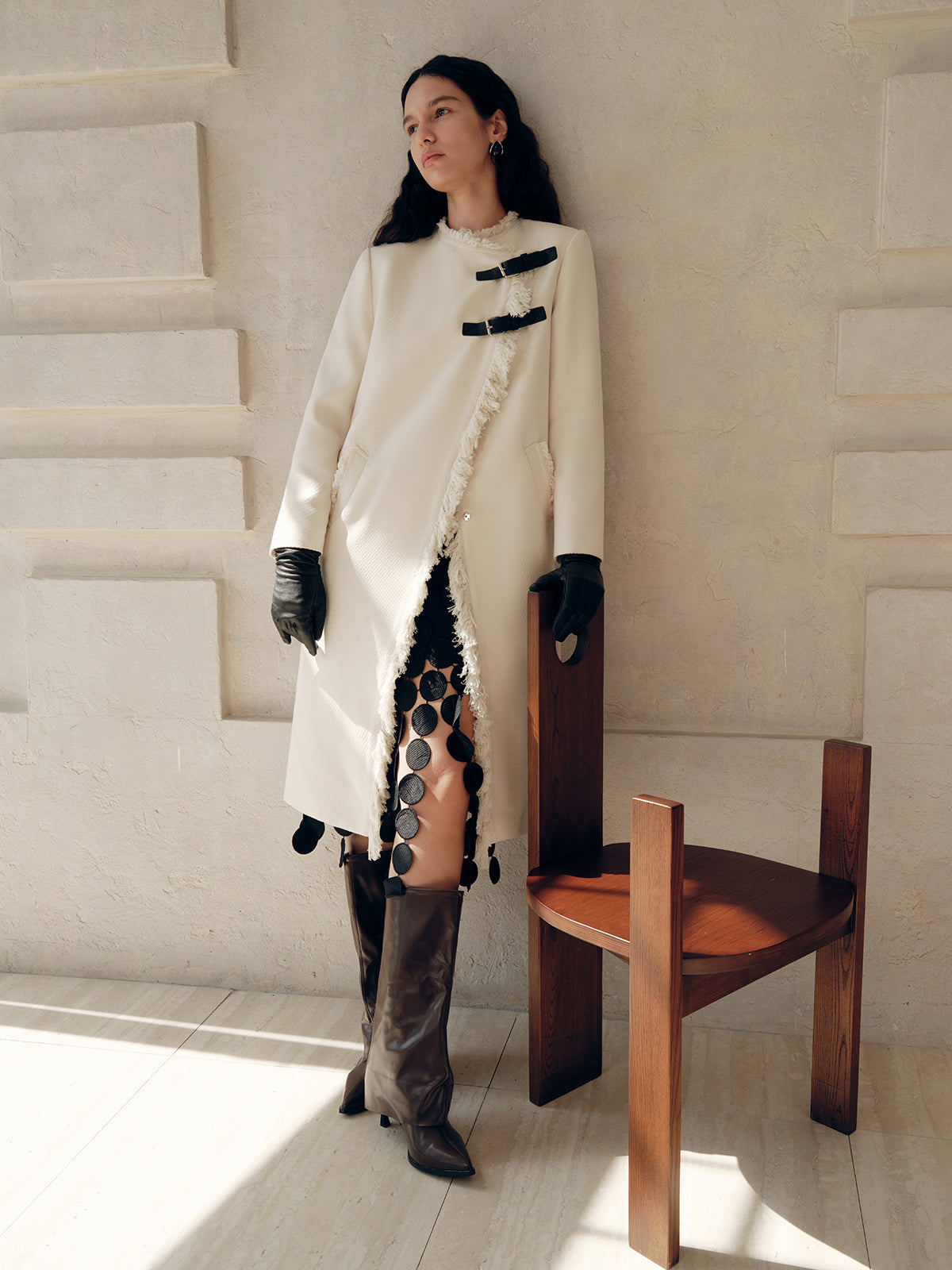 Fringe Trim Buckle Detail Long Coat-Chicvia