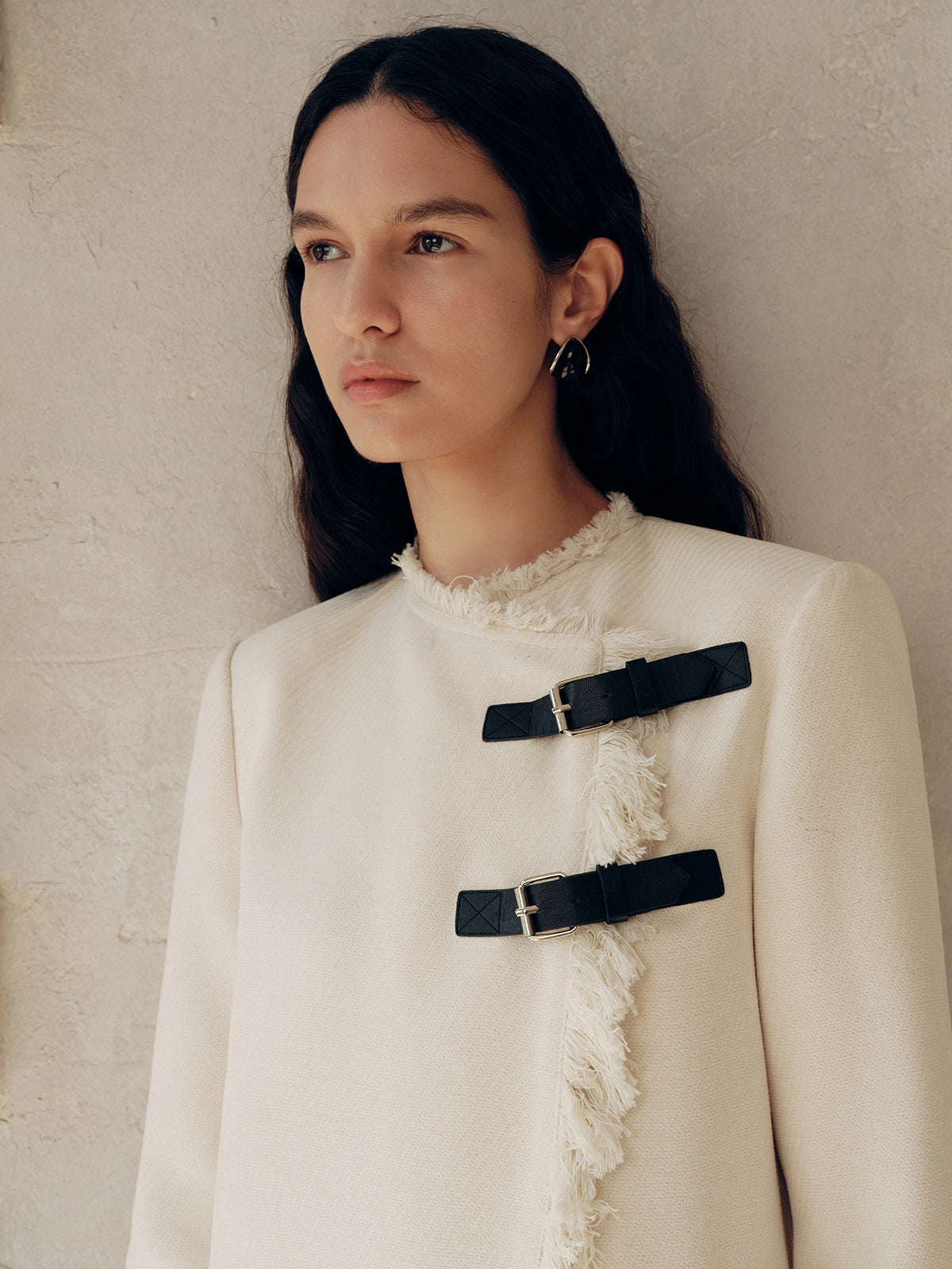 Fringe Trim Buckle Detail Long Coat-Chicvia