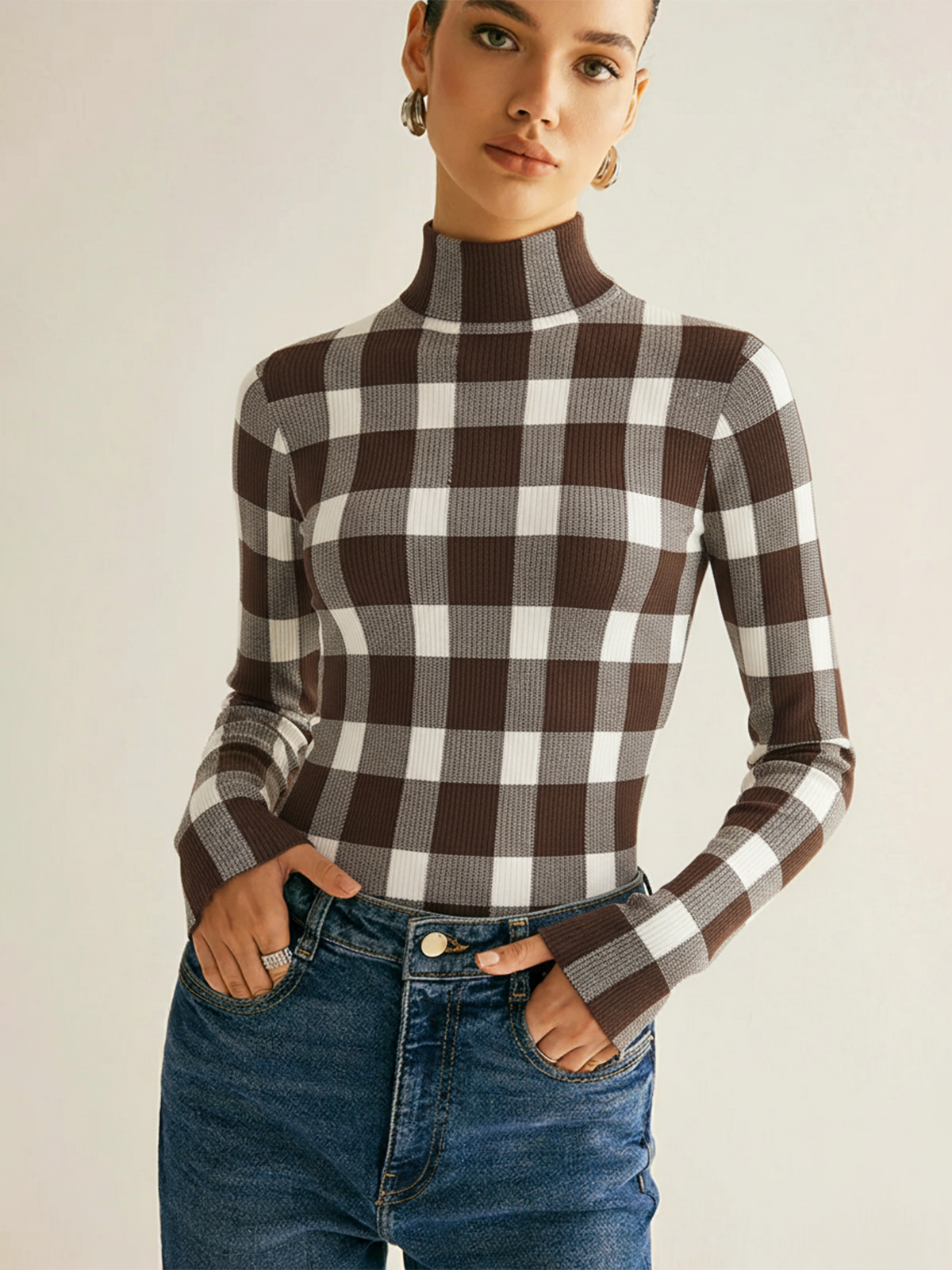 Checkered Wool-Blend Mock Neck Knit Top-Chicvia