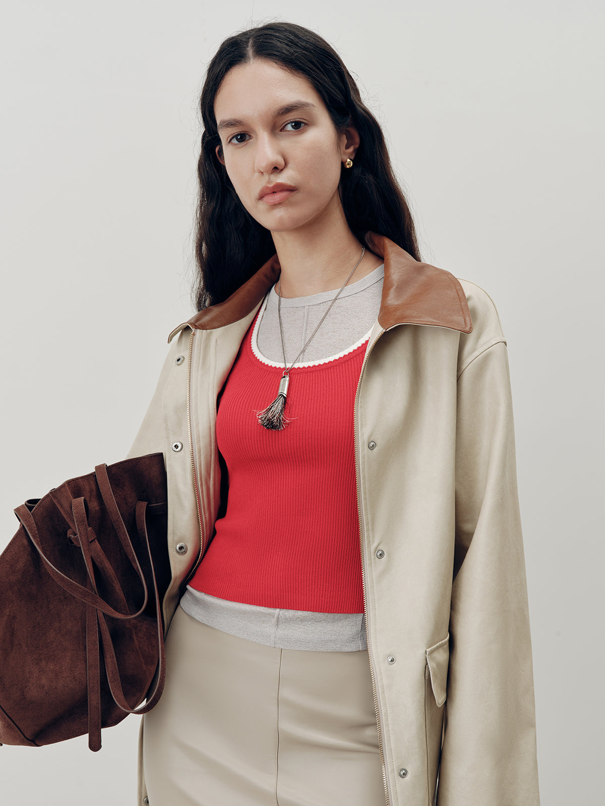 Contrast Collar PU Leather Jacket-Chicvia