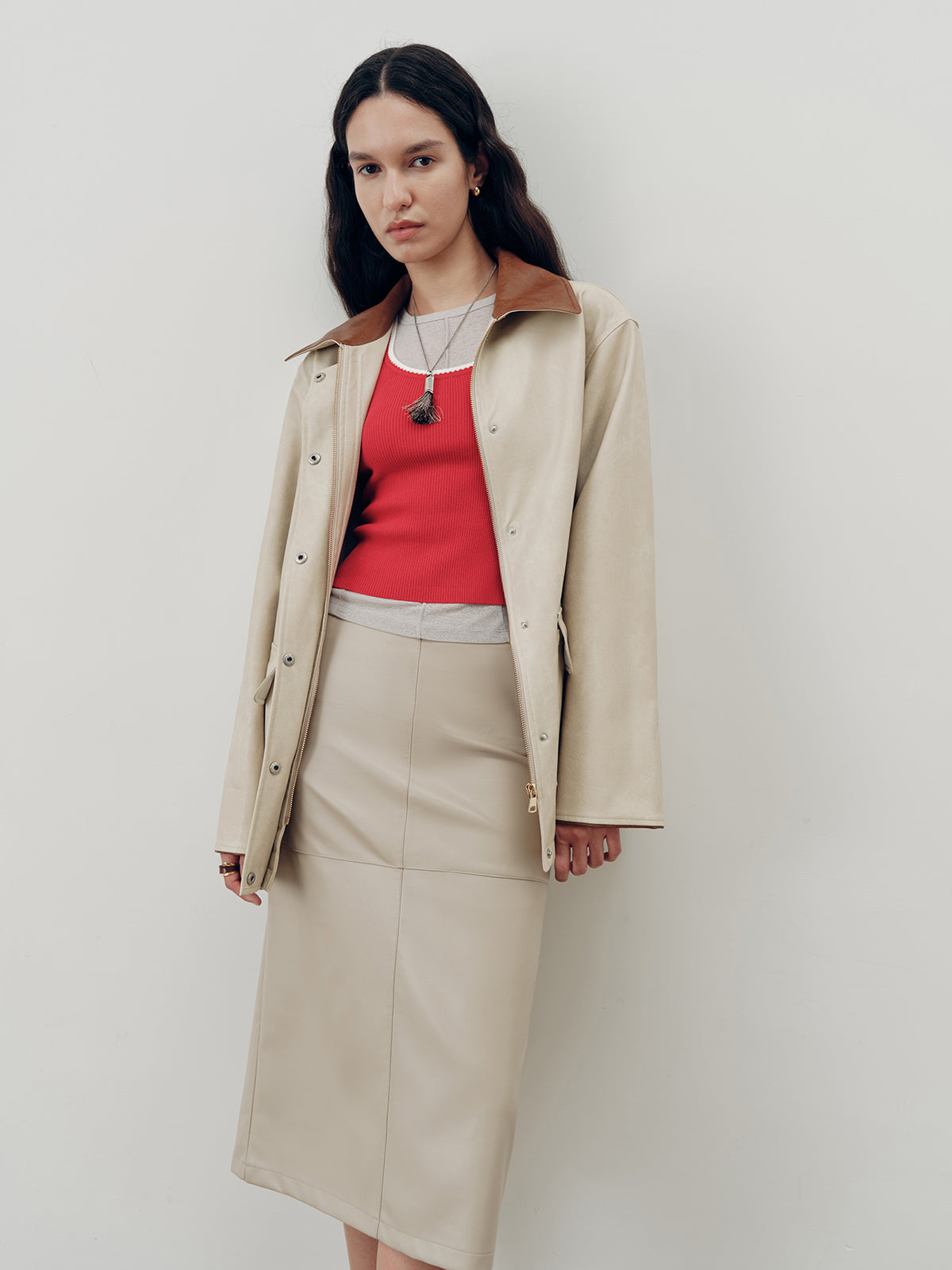 Contrast Collar PU Leather Jacket-Chicvia