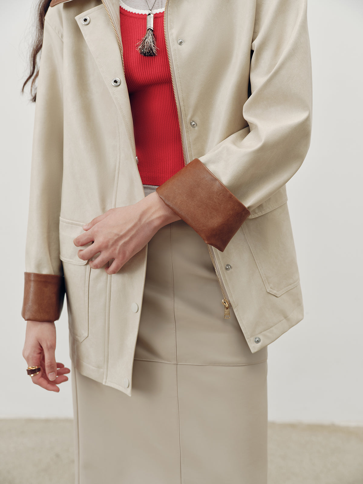 Contrast Collar PU Leather Jacket-Chicvia