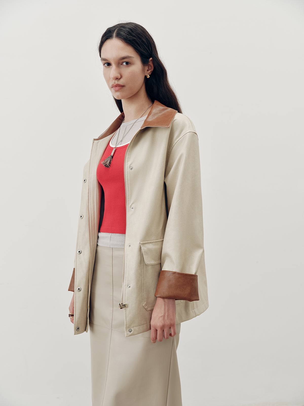 Contrast Collar PU Leather Jacket-Chicvia