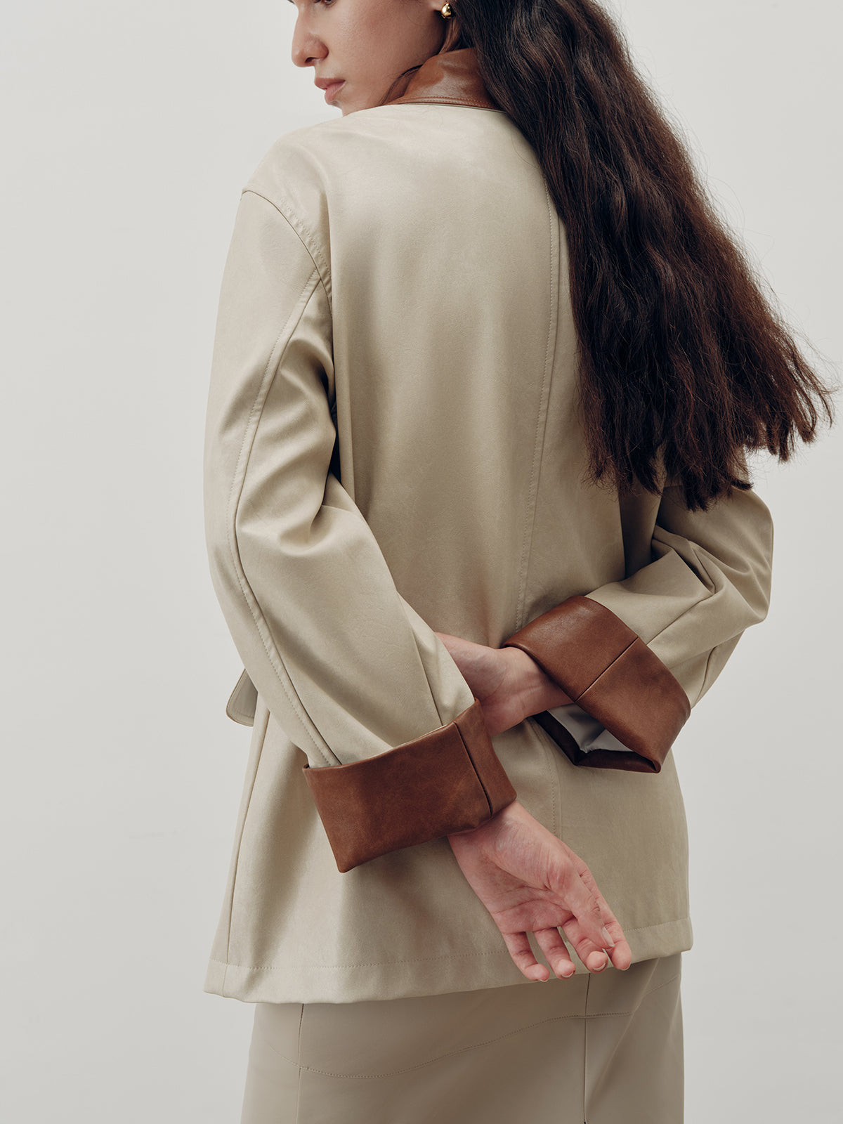 Contrast Collar PU Leather Jacket-Chicvia