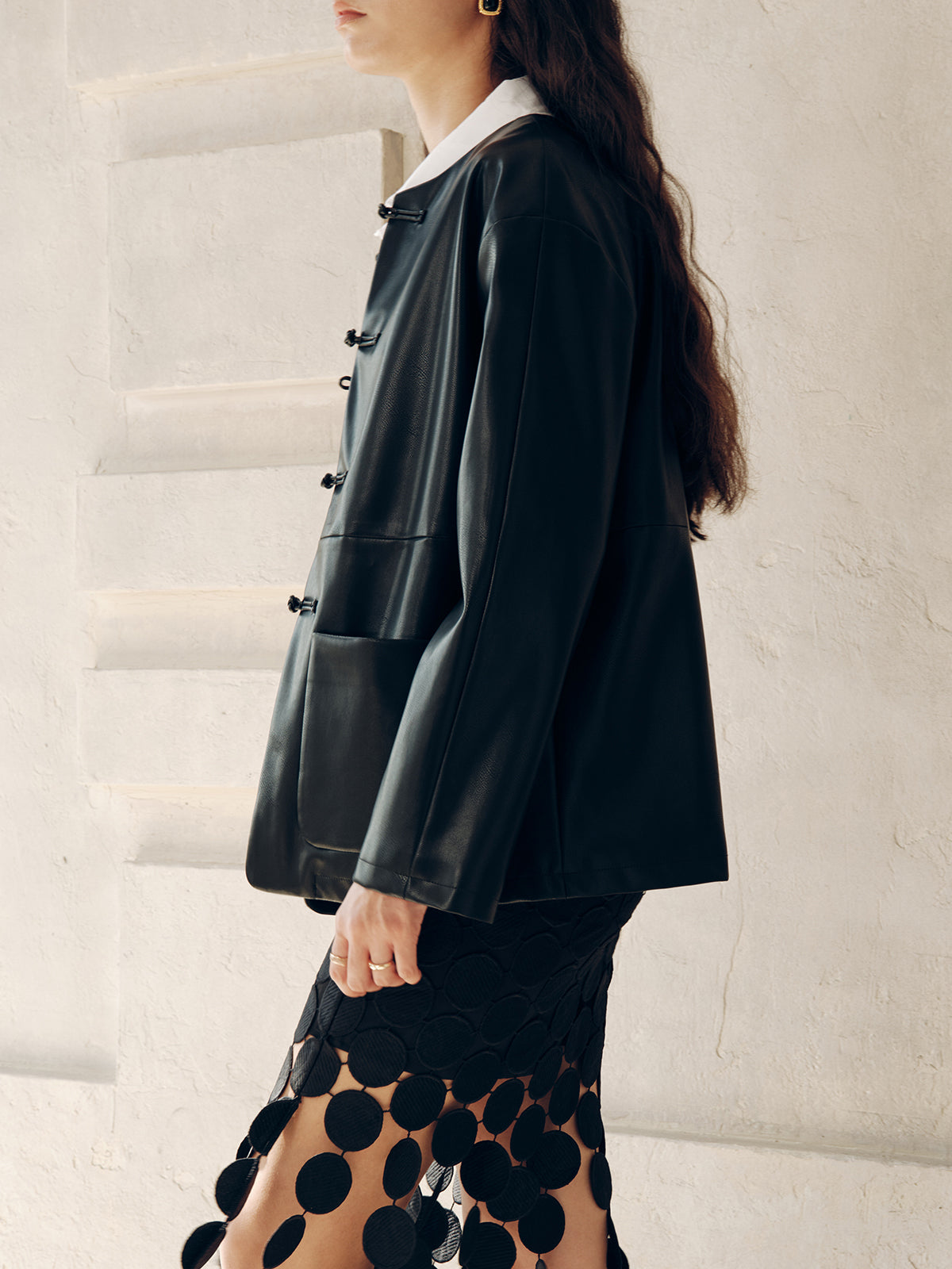 Knot Button Faux Leather Jacket-Chicvia