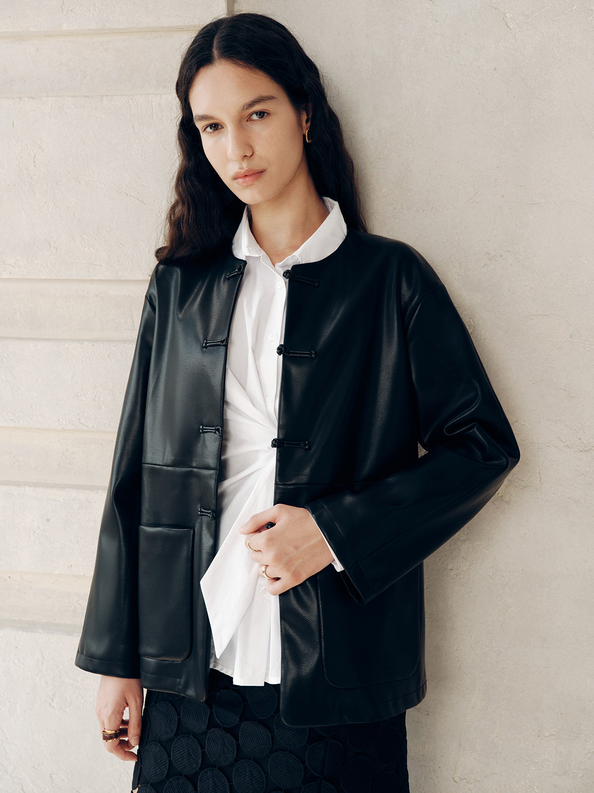 Knot Button Faux Leather Jacket-Chicvia