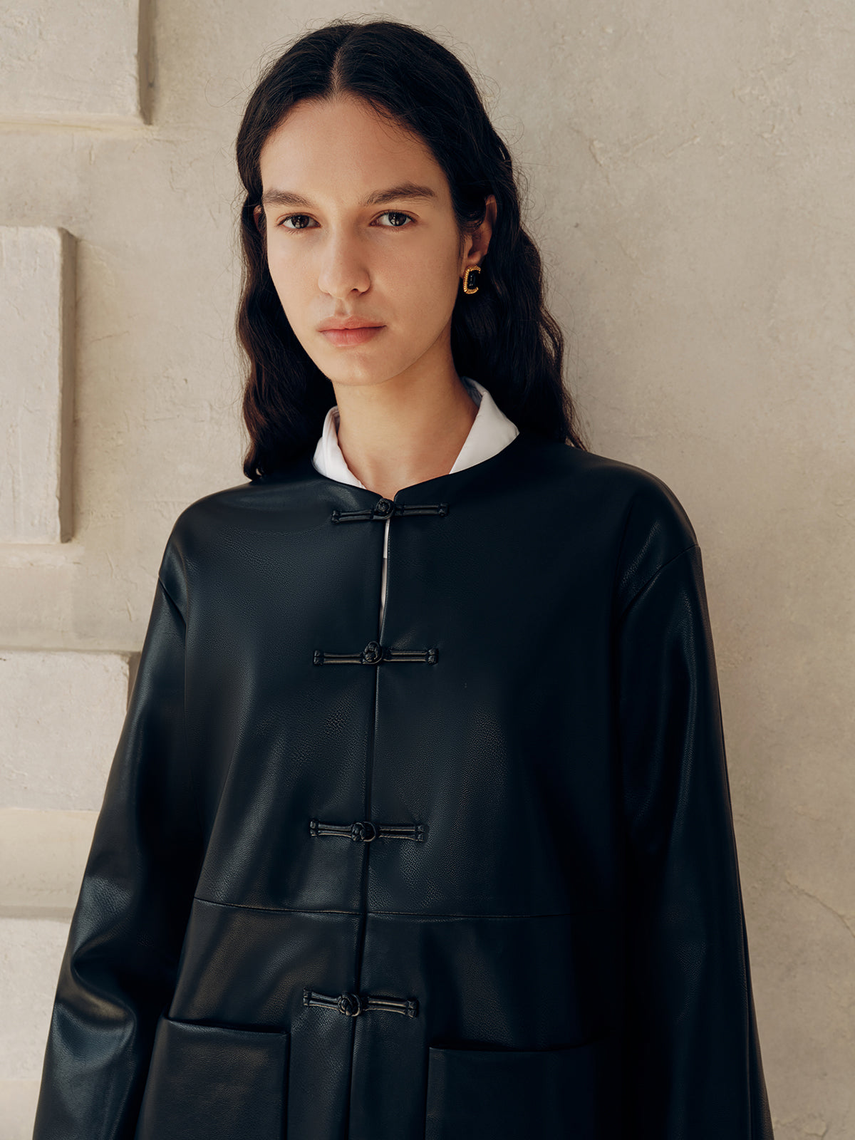 Knot Button Faux Leather Jacket-Chicvia