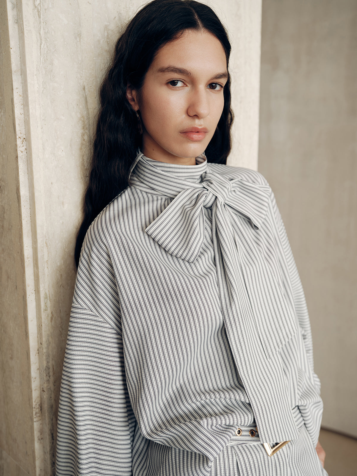 Large Bow Neck Striped Blouse-Chicvia