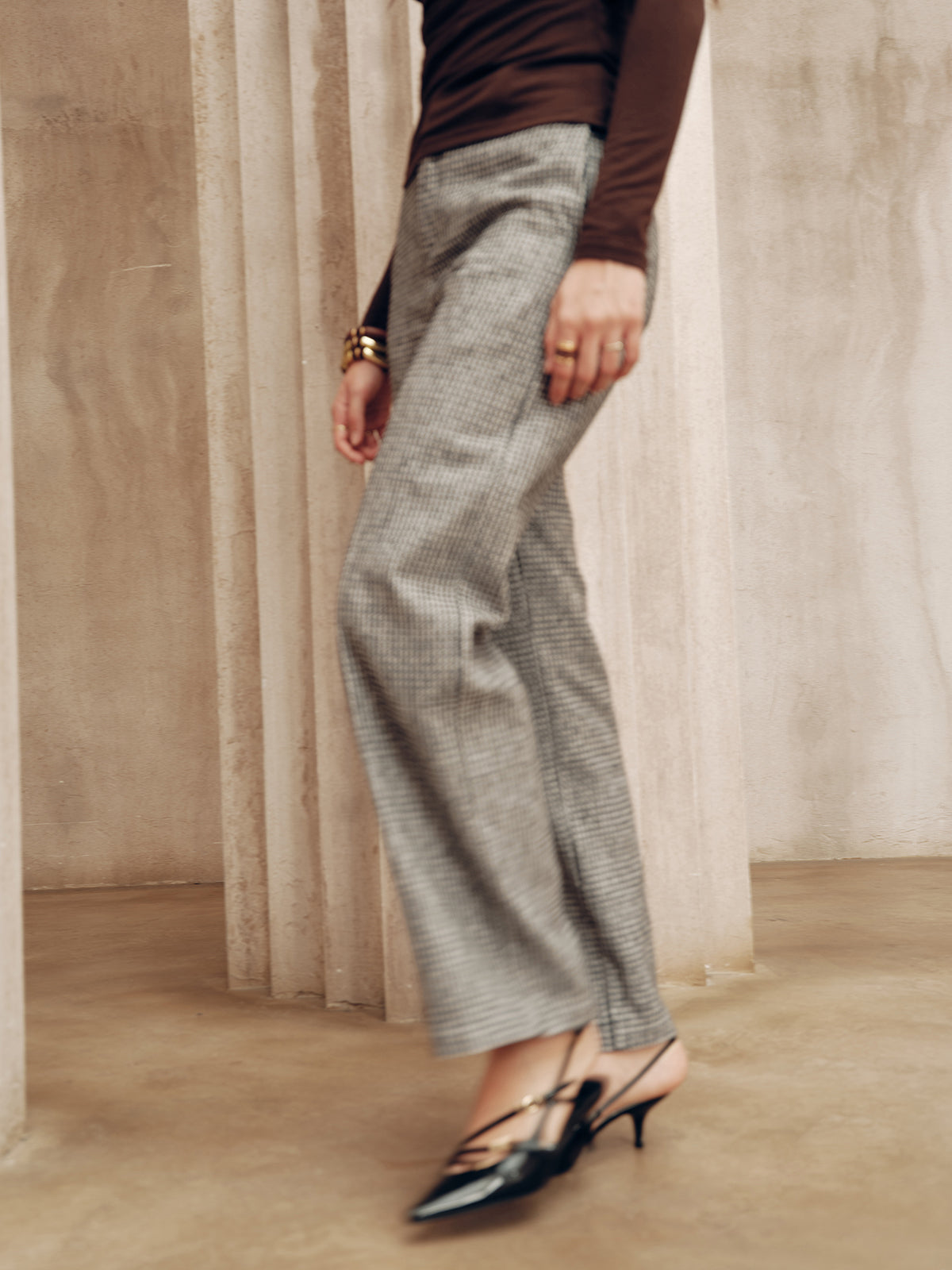 Mid-Waist Houndstooth Pants-Chicvia