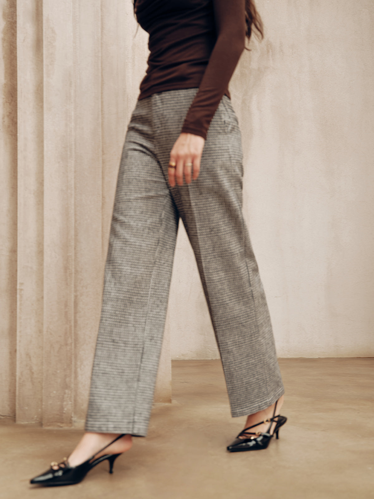 Mid-Waist Houndstooth Pants-Chicvia