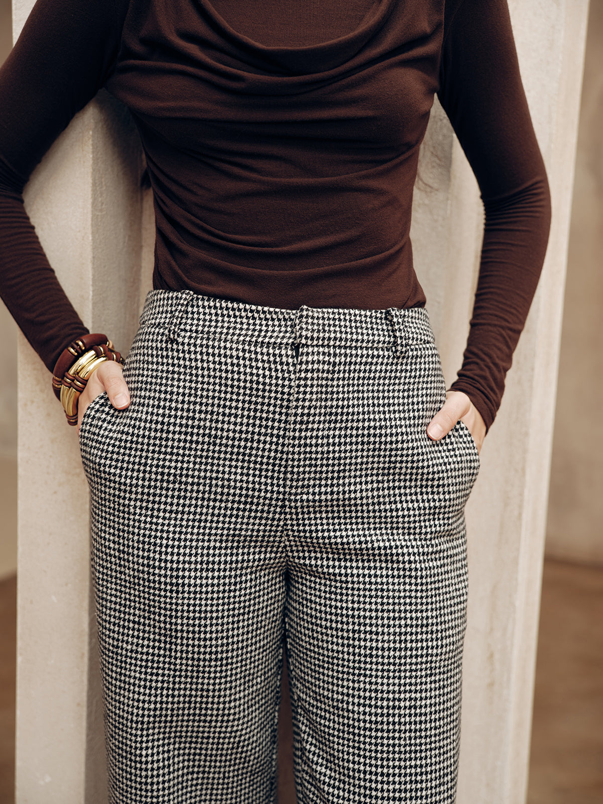 Mid-Waist Houndstooth Pants-Chicvia