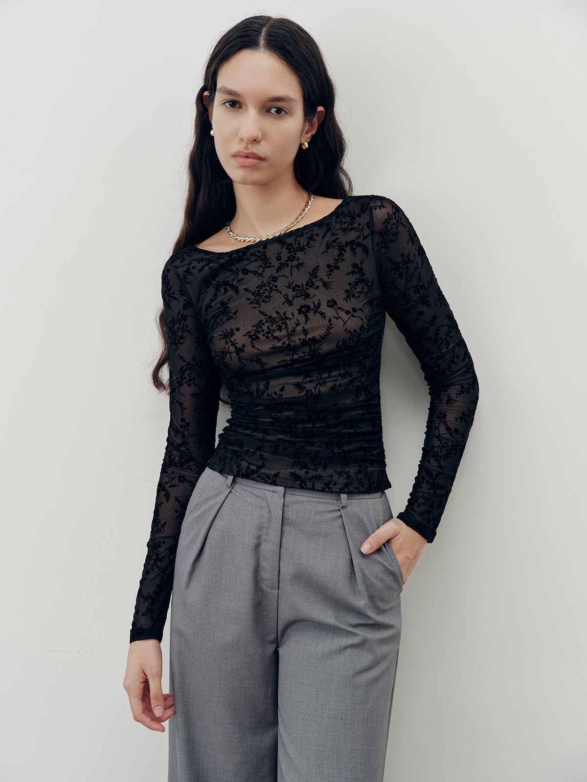 Floral Lace Long Sleeve T-Shirt-Chicvia