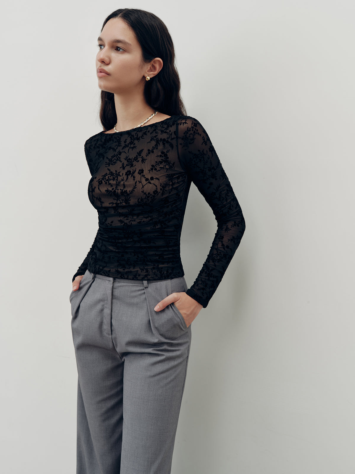 Floral Lace Long Sleeve T-Shirt-Chicvia