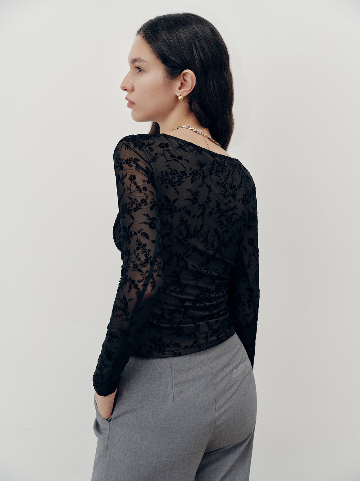 Floral Lace Long Sleeve T-Shirt-Chicvia