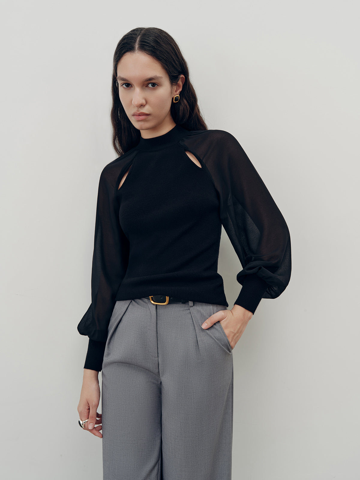 Chiffon Paneled Knit Top-Chicvia