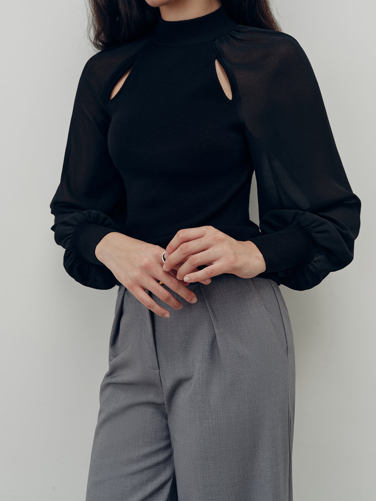 Chiffon Paneled Knit Top-Chicvia