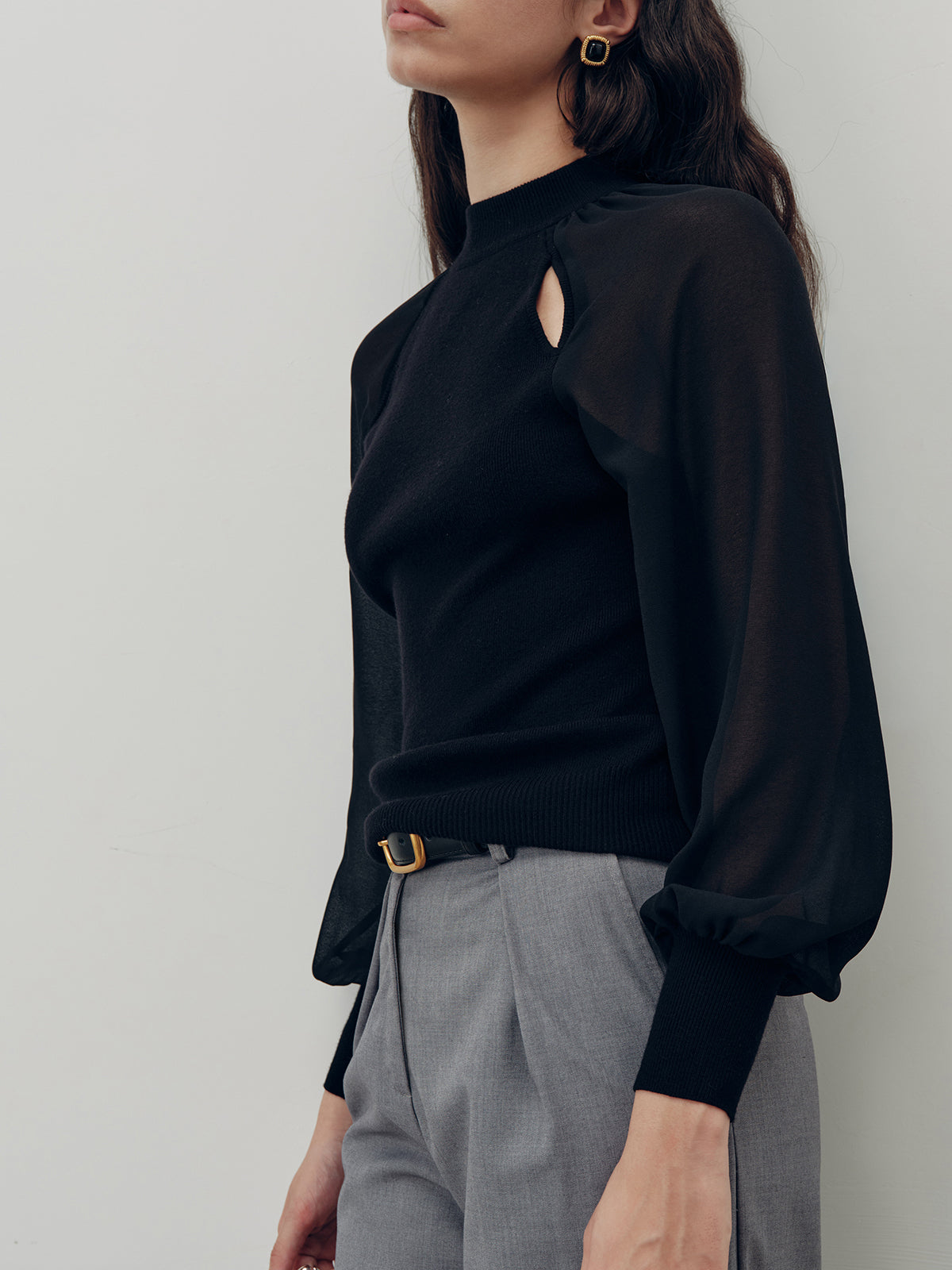 Chiffon Paneled Knit Top-Chicvia